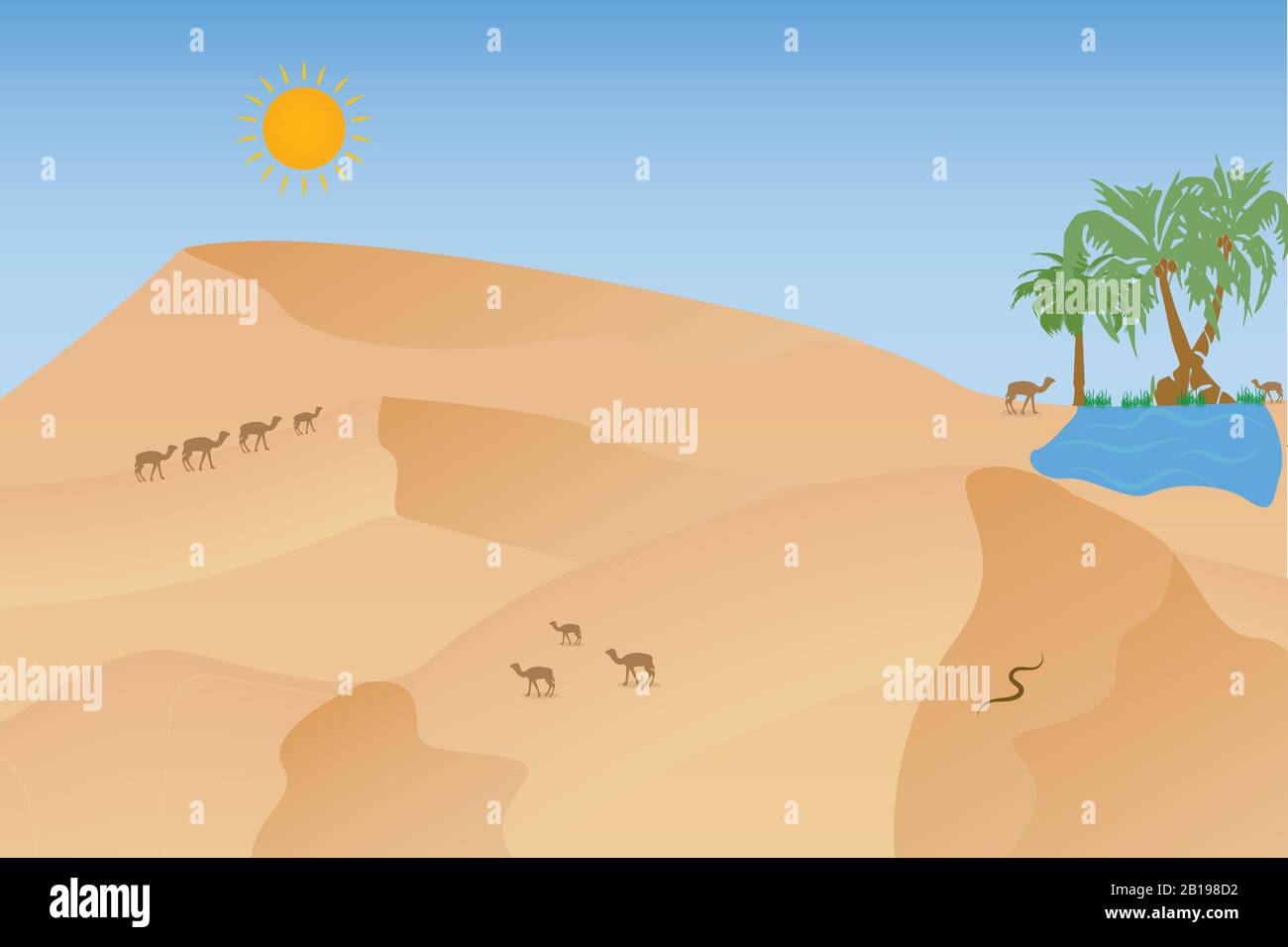 Paysage désertique africain chaud avec chameaux, dunes Illustration de Vecteur