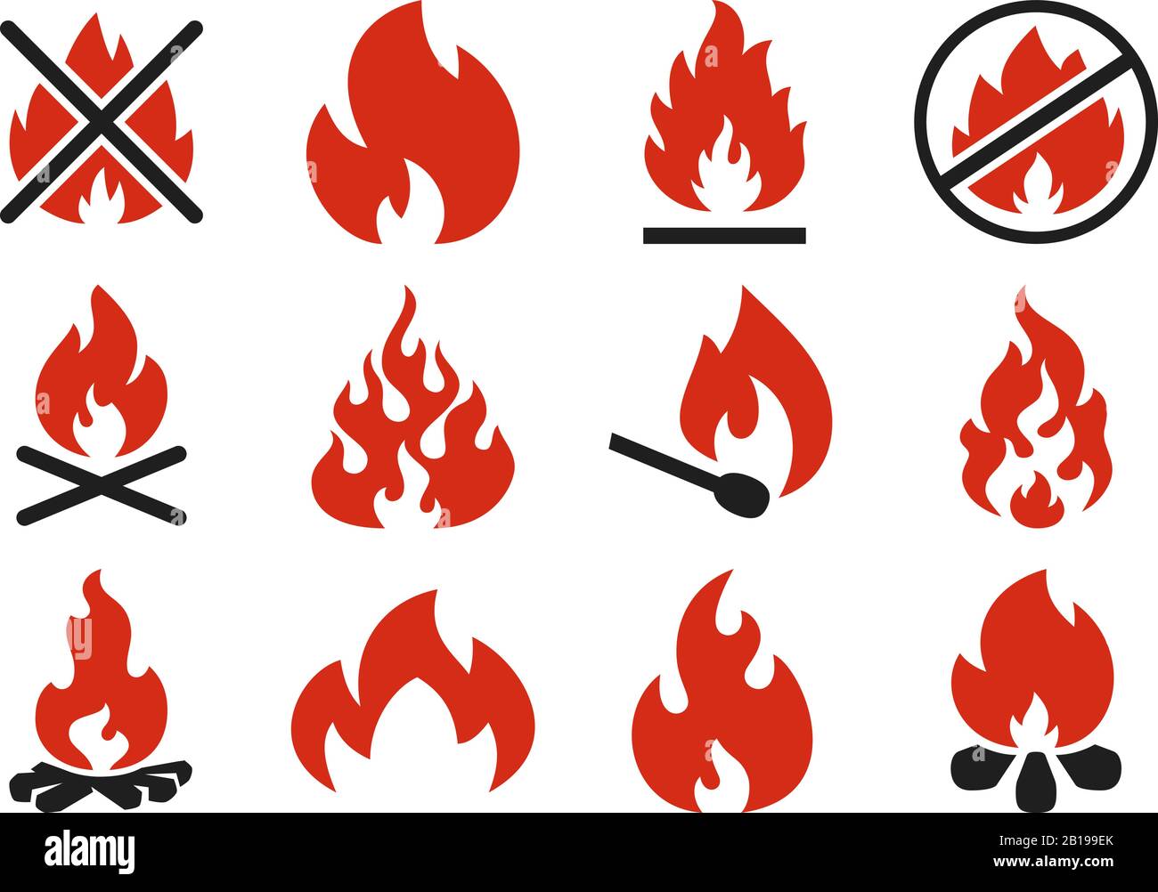 Icône incendie. Flamme brûlante silhouette de boule de feu ou danger feu de bonfeu. Jeu d'illustrations plates flamboyantes Illustration de Vecteur