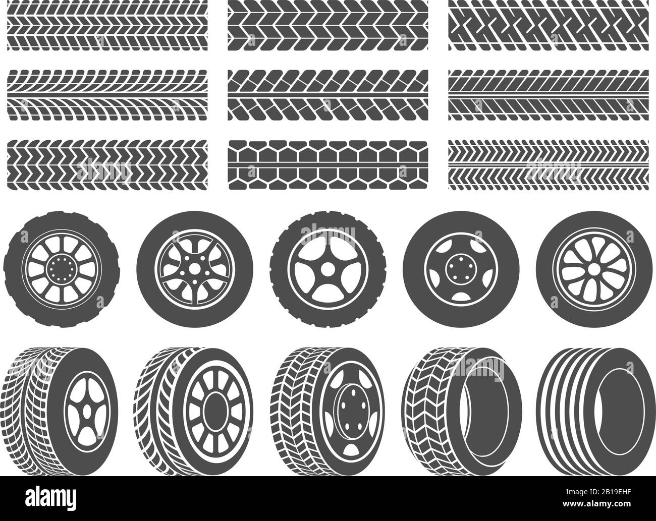 Pneus de roue. Chenilles pour pneus de voiture, icônes de roues de course de moto et jeu d'illustrations vectorielles pour pneus sales Illustration de Vecteur