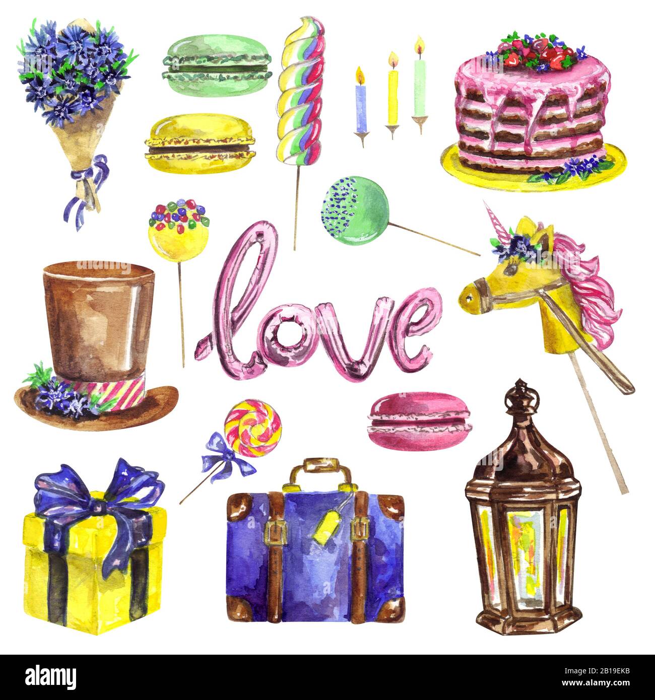 Set avec illustrations de célébration, autocollants, aquarelle dessinée. Bouqet de fleurs bleues, chapeau, amour, cheval jouet, sac à main, cadeau, lanterne, bougies, bonbons. Mignon Banque D'Images
