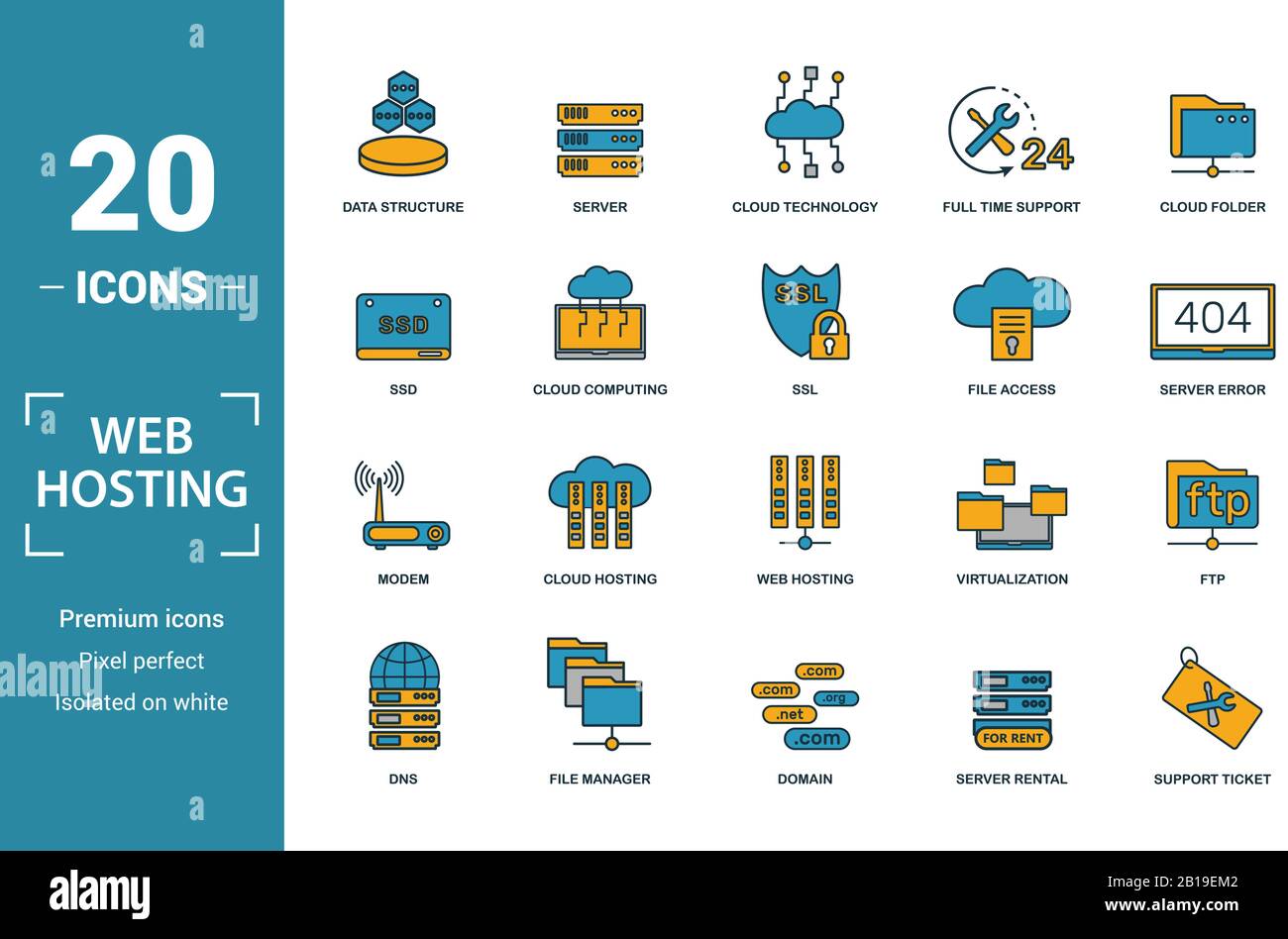 L'hébergement web icon set. Comprendre la structure des données, des éléments de la technologie cloud, ssd, l'accès aux fichiers, modem d'icônes. Peut être utilisé pour rapport, présentation Illustration de Vecteur