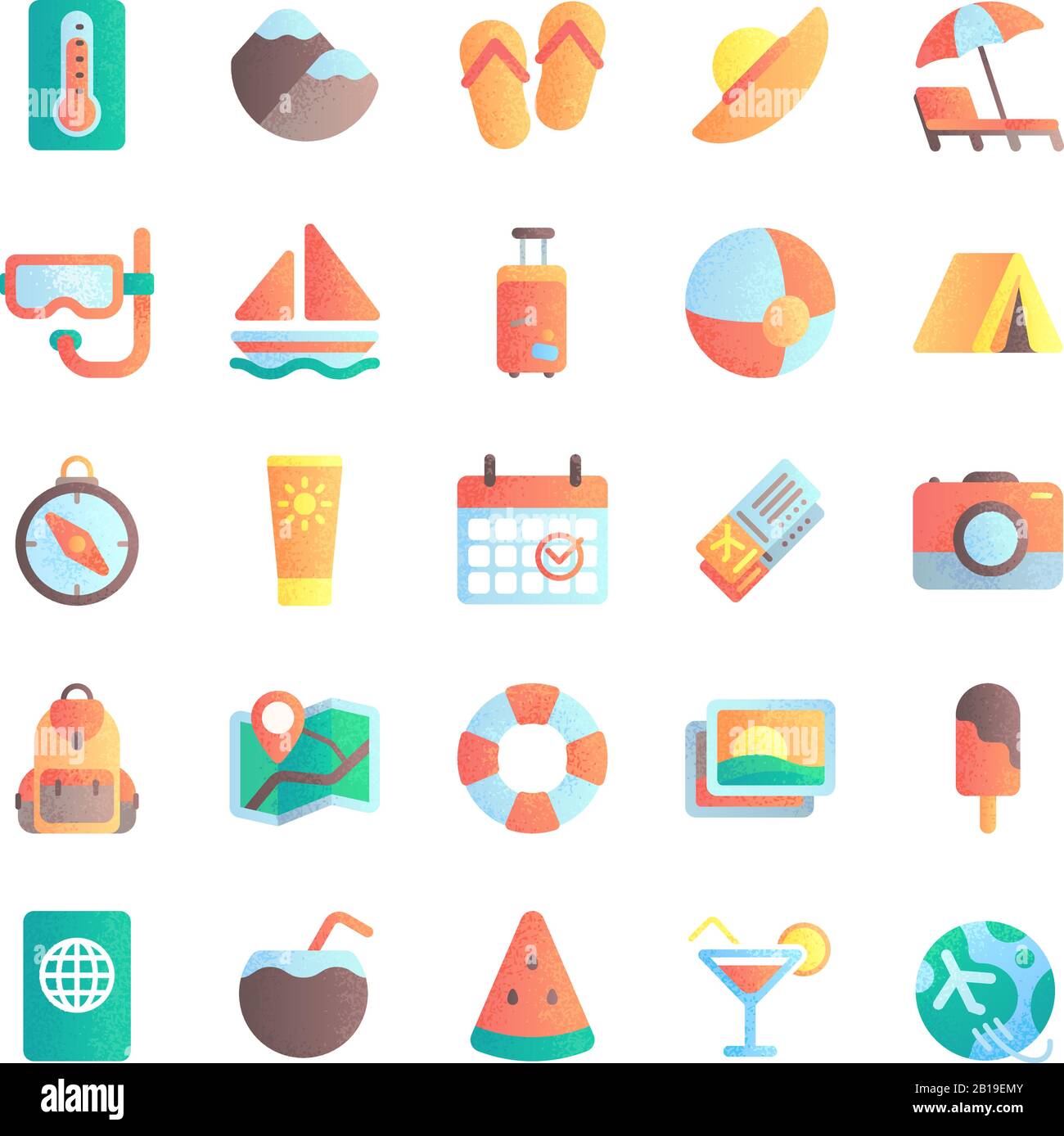 Des icônes d'été plates. Excursion de vacances, parasol dans le sable. Ensemble d'illustrations vectorielles représentant les bateaux de mer, le lever du soleil et les rayons chauds Illustration de Vecteur