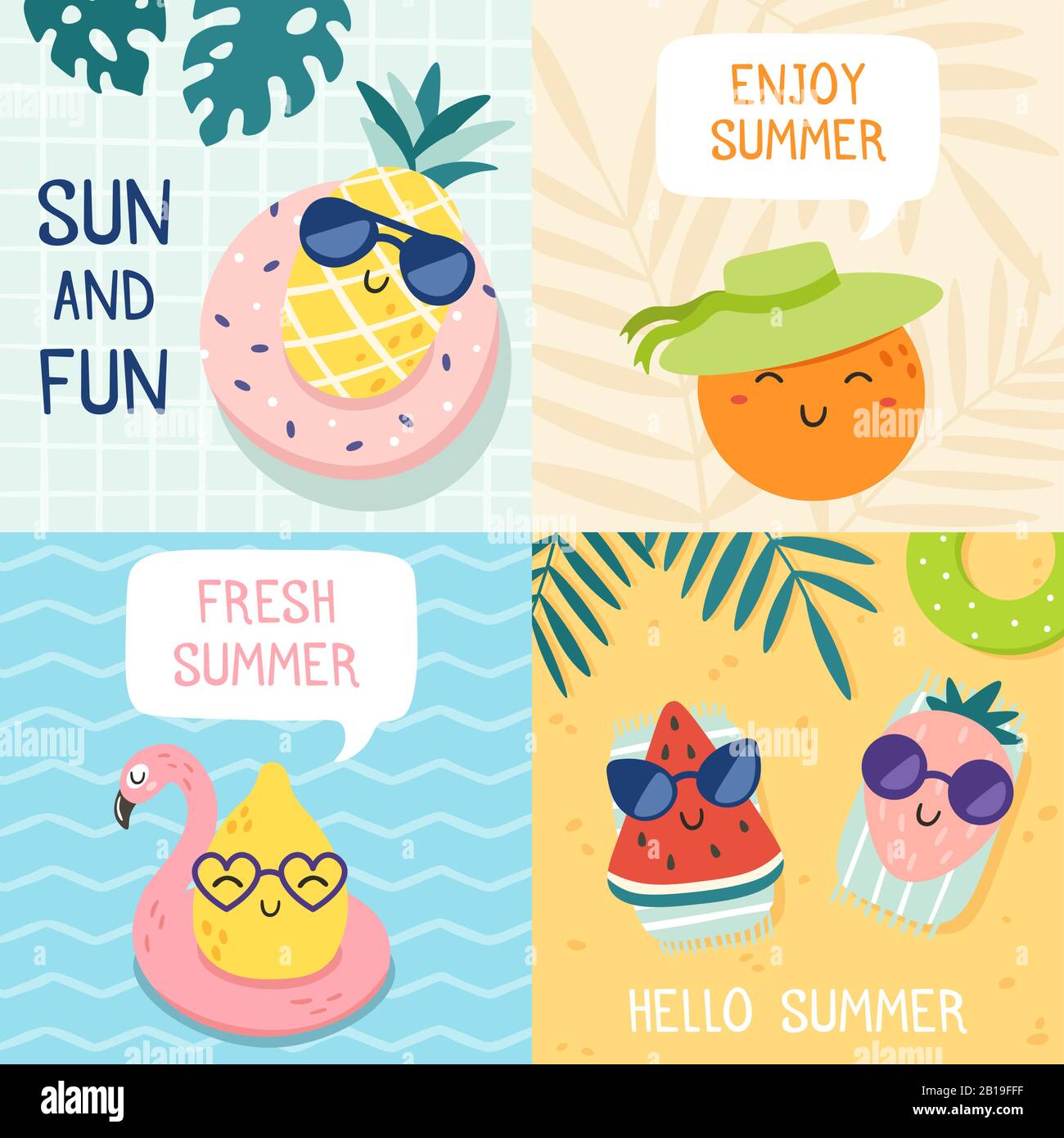 Bonjour affiche d'été. Fruits drôles, ananas en lunettes de soleil et fruits tropicaux plage fête bannière illustration vectorielle jeu Illustration de Vecteur