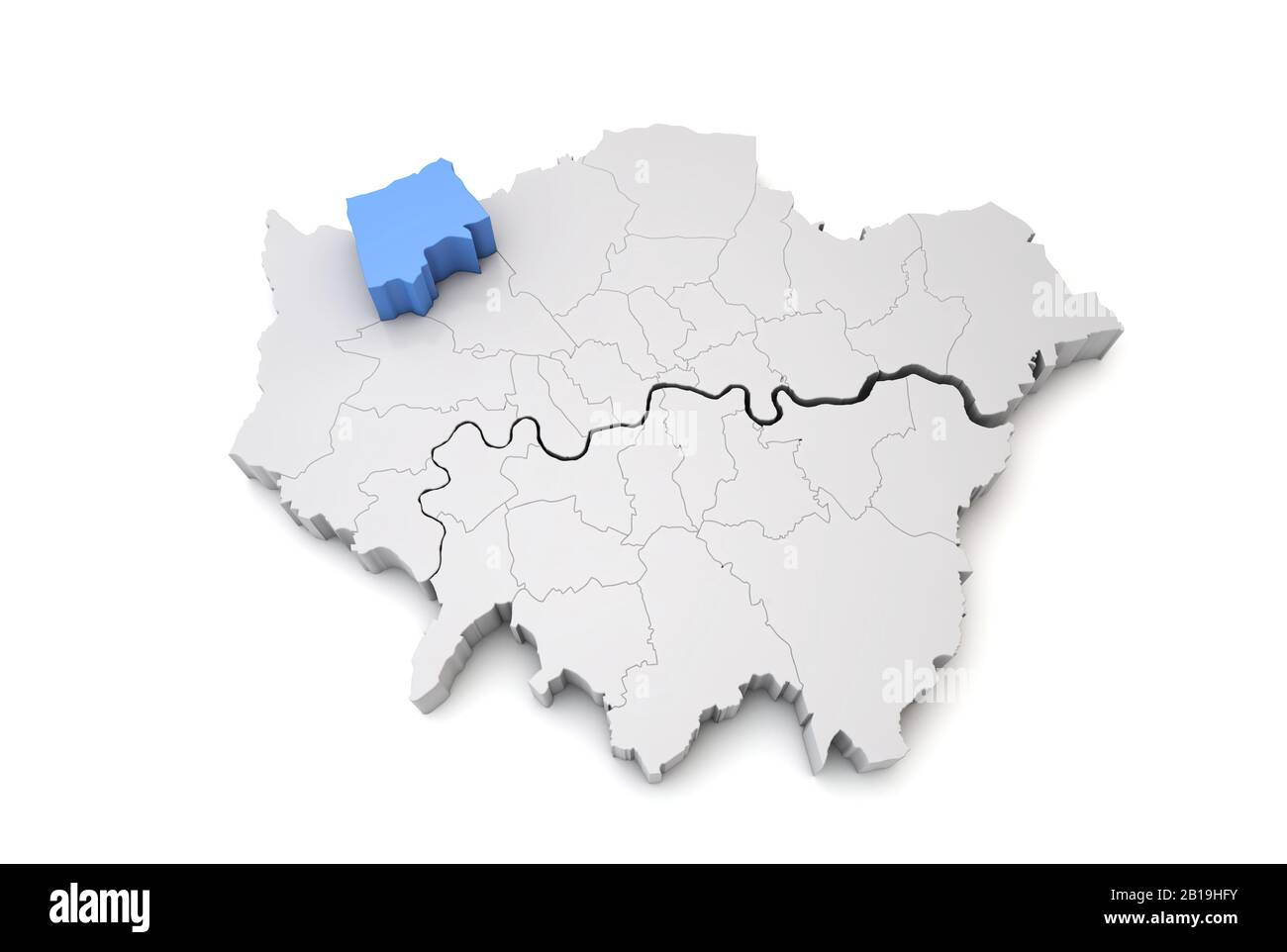 Carte du Grand Londres montrant Harrow borough en bleu. Rendu 3D Banque D'Images