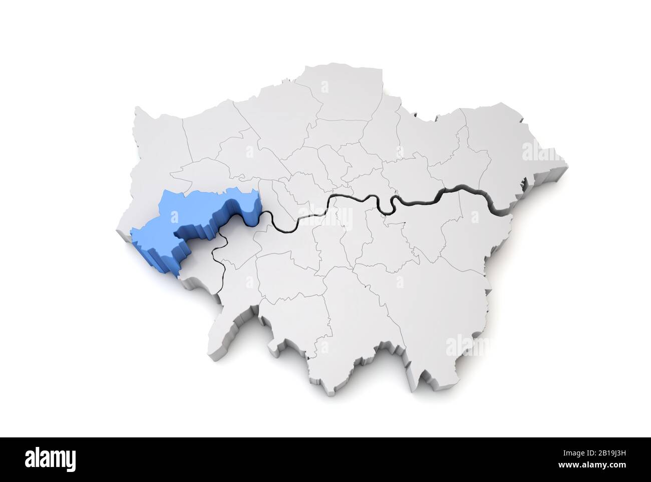 Carte du Grand Londres montrant Hounslow borough en bleu. Rendu 3D Banque D'Images