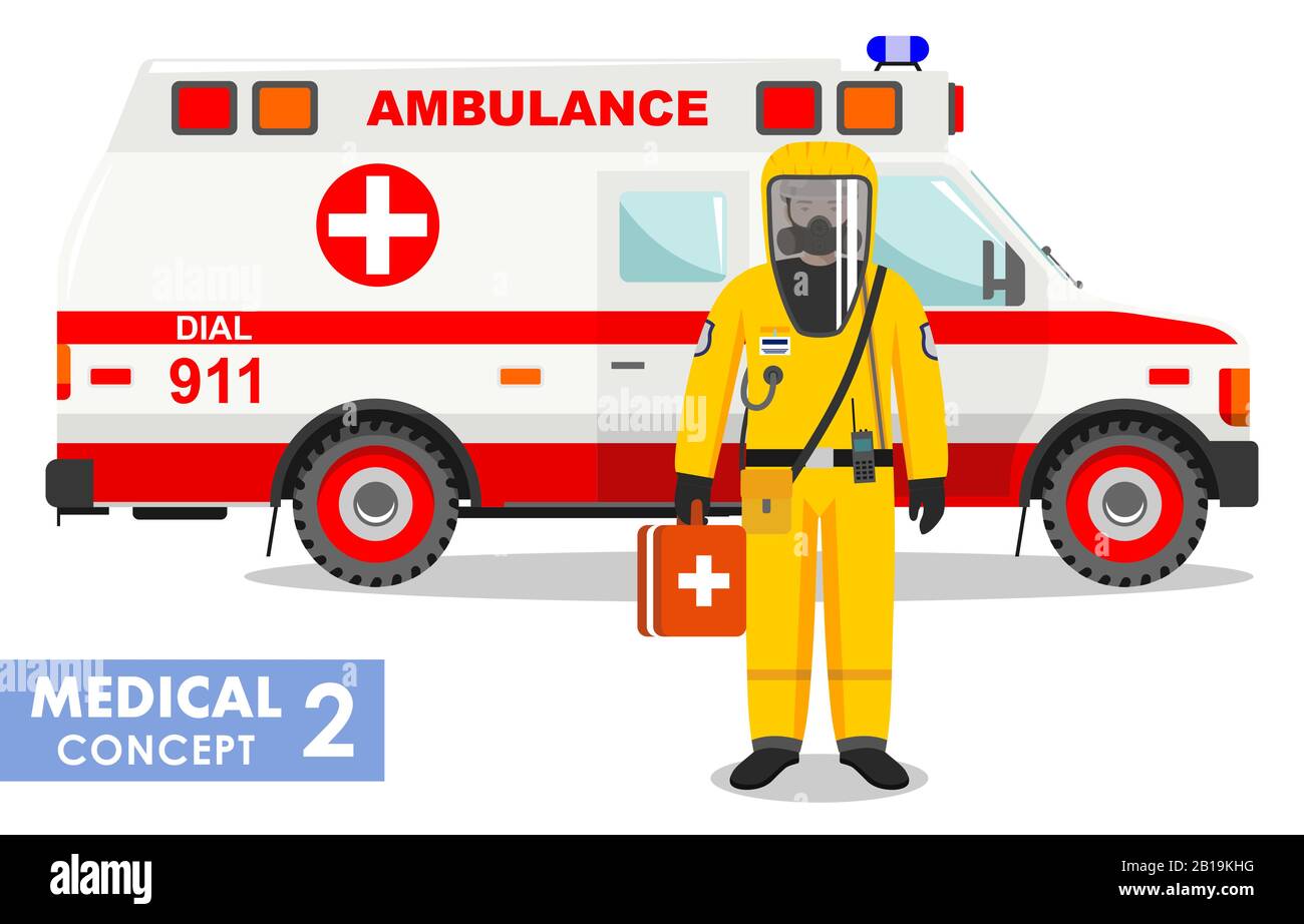 Concept médical. Illustration détaillée d'un médecin d'urgence dans une combinaison de protection jaune et un masque près d'une ambulance sur fond plat. Dangereux Illustration de Vecteur
