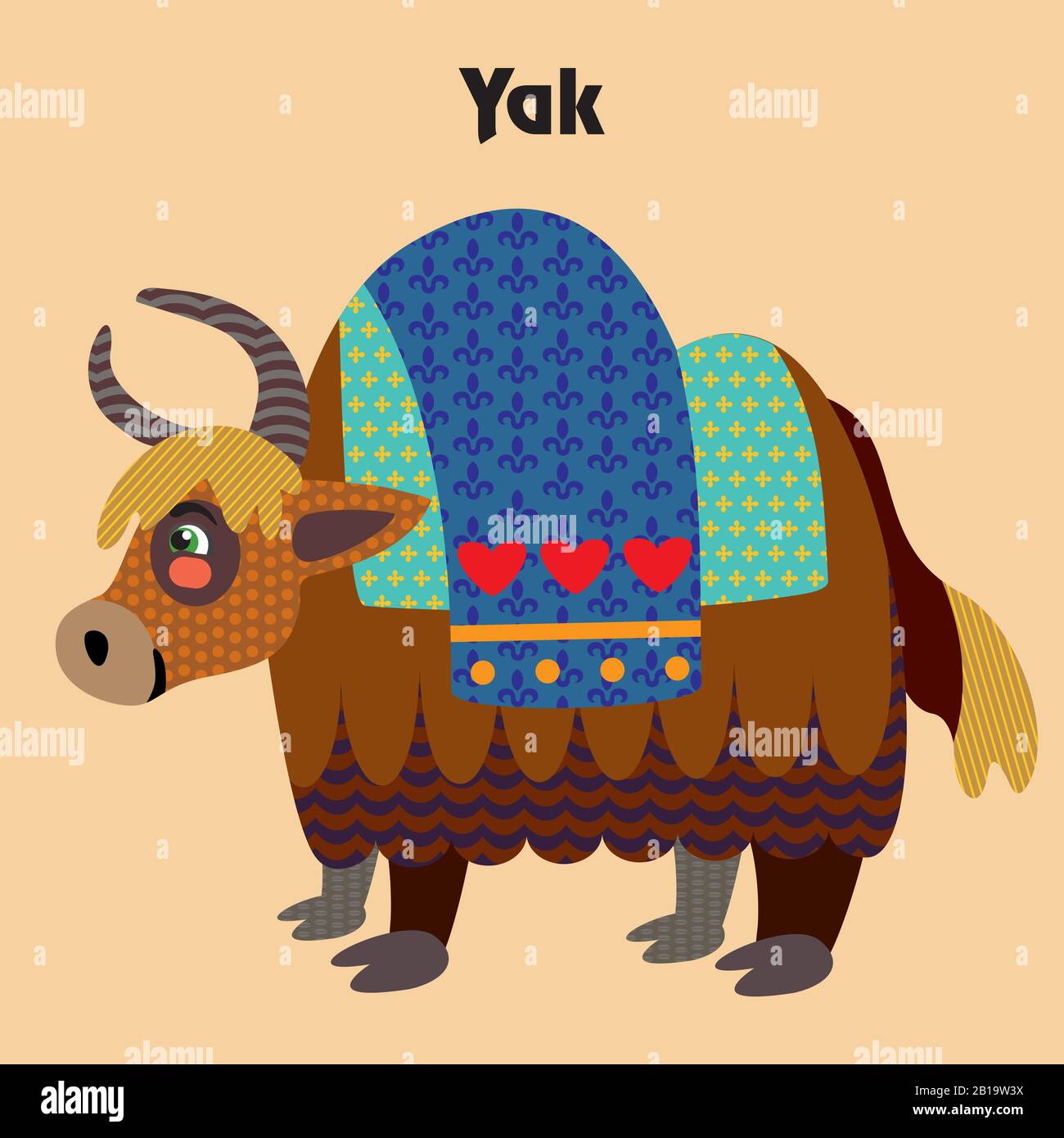 Contour décoratif coloré joli yak debout dans le profil. Les animaux sauvages et les oiseaux vectorisent l'illustration plate de dessins animés dans différentes couleurs isolées sur le beig Illustration de Vecteur