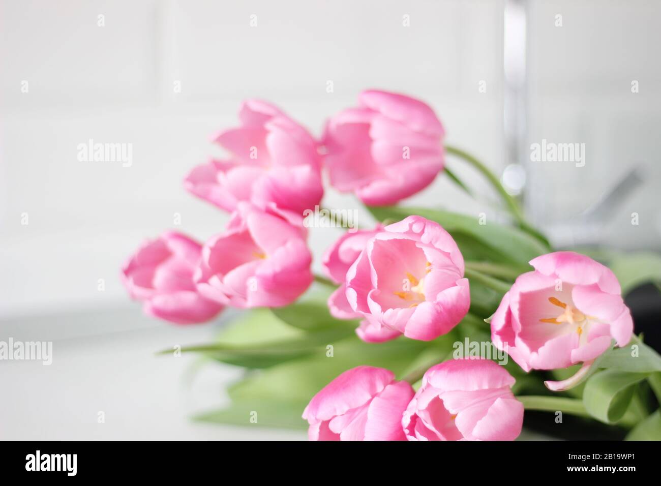 Bouquet De Tulipes Roses Dans L'Intérieur De La Cuisine Légère. Style Intérieur De Cuisine Minimal. Banque D'Images