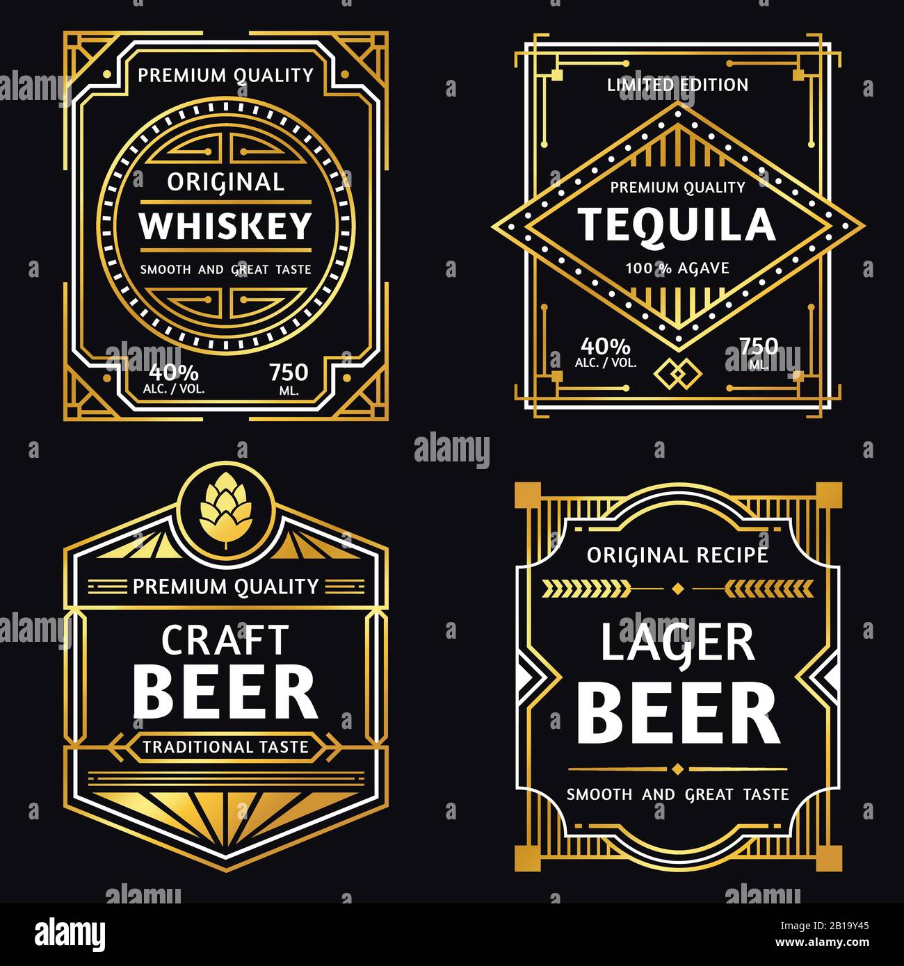 Étiquette d'alcool vintage. Art déco whisky, tequila signe, art rétro et bière tager étiquettes illustration vectorielle Illustration de Vecteur