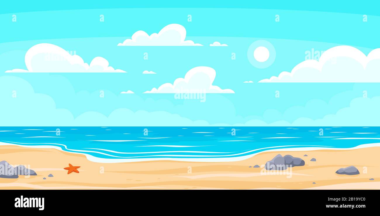 Plage d'été de dessin animé. Paradis nature vacances, océan ou mer mer. Illustration d'arrière-plan vectoriel de paysage de bord de mer Illustration de Vecteur