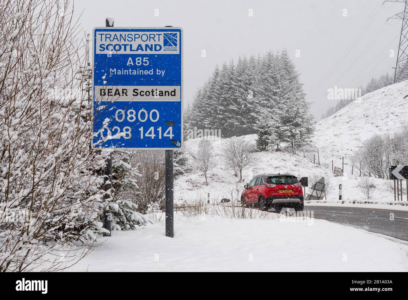 Glen Ogle, Lochearnhead, Écosse, Royaume-Uni. 24 février 2020. Météo au Royaume-Uni: Malgré la forte chute de neige prévue le matin à Glen Ogle, les routes en dégrement sont restées claires crédit: Kay Roxby/Alay Live News Banque D'Images
