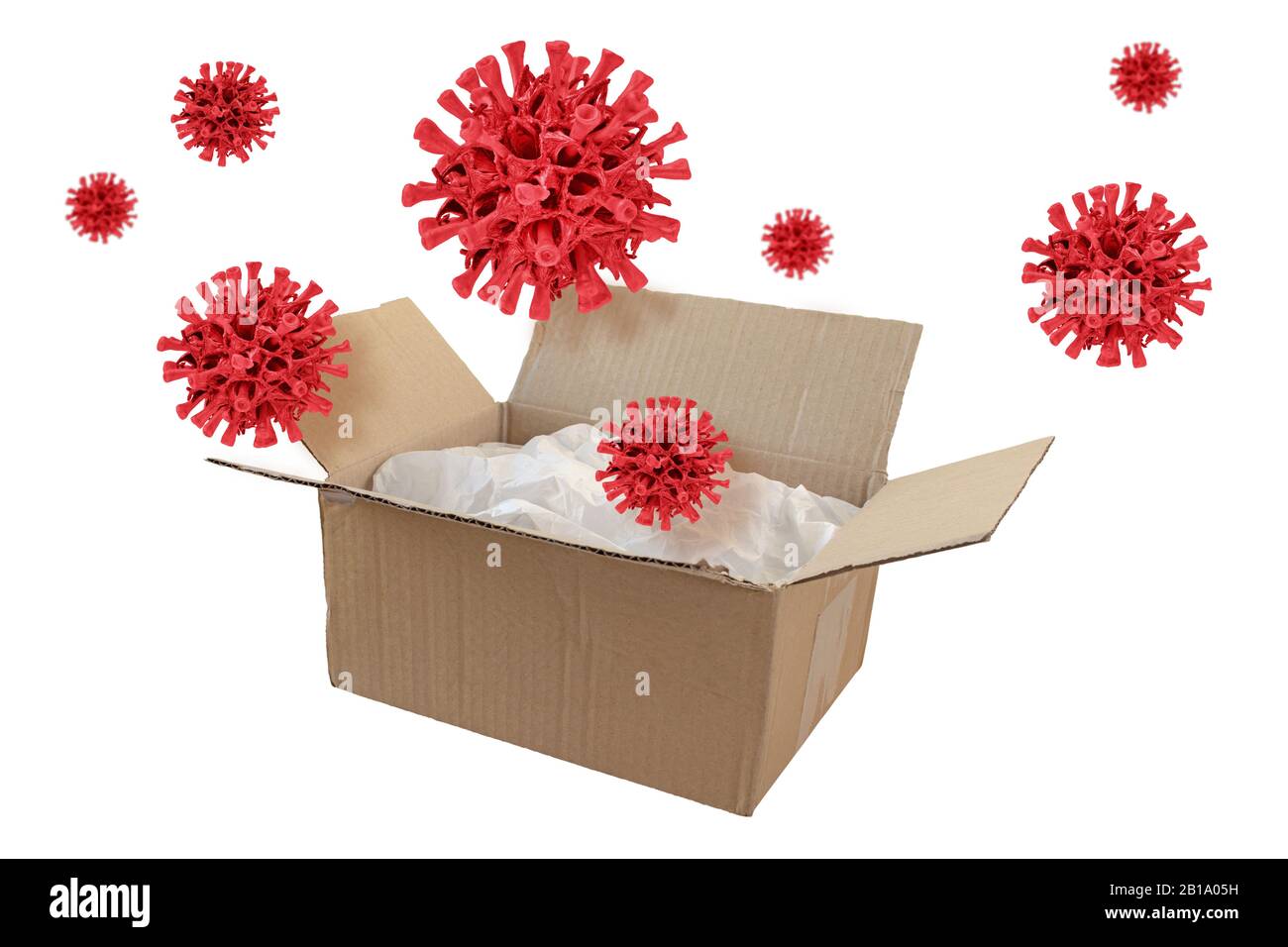 Boîte d'expédition de carton ouverte et cellules de virus. Transmission du concept médical d'infection. Isolé sur blanc. Banque D'Images