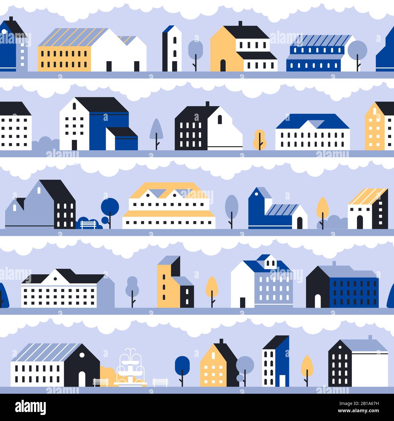 Modèle de ville minimal. Paysage de ville minimaliste, maisons modernes et paysage géométrique vectoriel sans couture arrière-plan Illustration de Vecteur