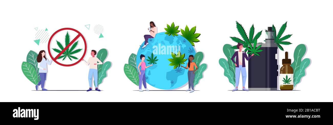 fixer les personnes qui détiennent le signe de l'interdiction de drogues mettre des feuilles de cannabis sur la carte du monde fumer marijuana venger drogues concepts de consommation collection pleine longueur horizontale illustration vectorielle Illustration de Vecteur