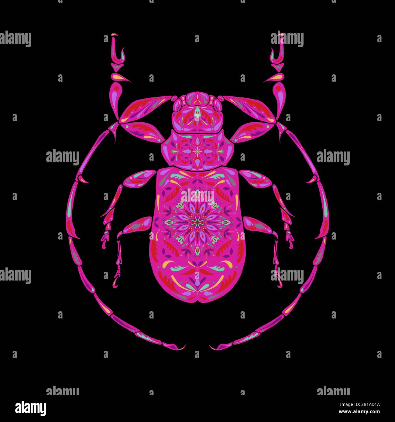 Une illustration, un graphique avec la fuchsia, coléoptère rose isolé sur un fond noir. Dendroctone décorative et décorée avec ornement. Hoplistocerus iheringi Banque D'Images