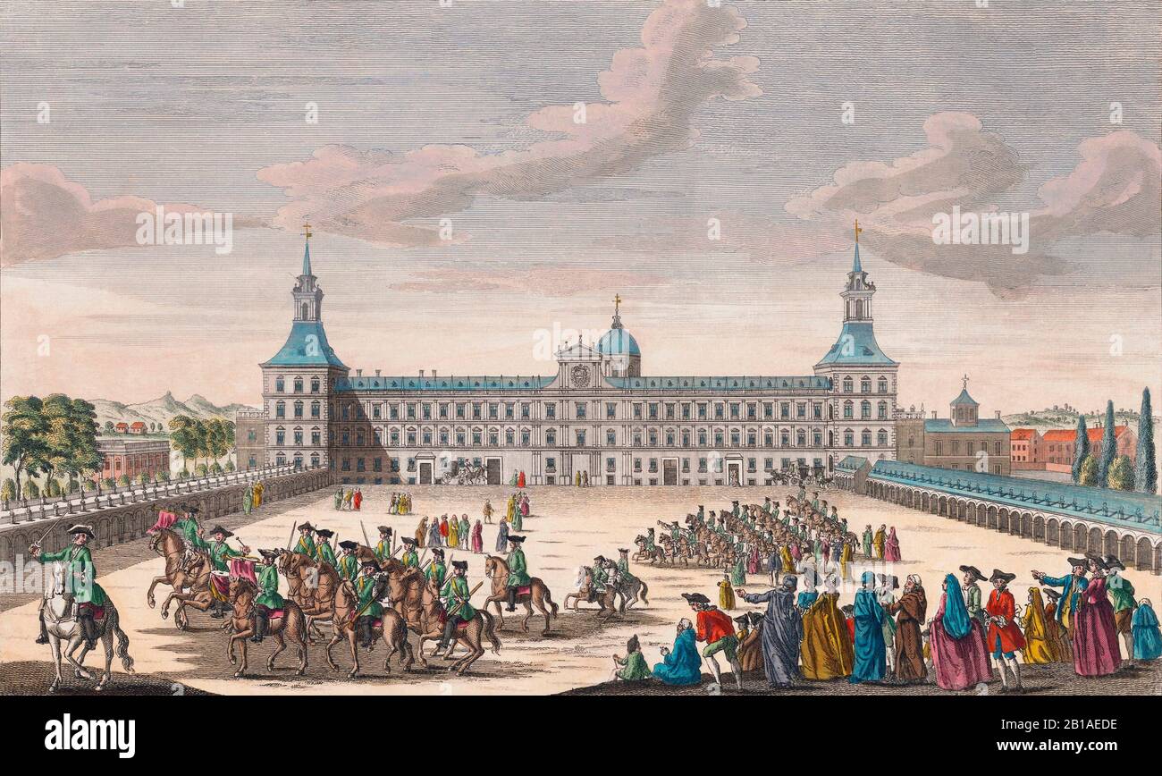 Vue sur le Palais Royal de sa majesté catholick, roi d'Espagne, Madrid. Après un travail anonyme du XVIIIe siècle. Colorisation ultérieure. Banque D'Images