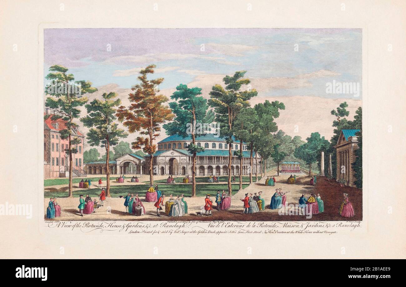 Une vue sur la Rotunda, la maison, et les jardins, & c. A Ranelagh. D'après une gravure datée de 1751 par Nathaniel Parr d'après une œuvre d'Antonio Canaletto. Colorisation ultérieure. Ranelagh Gardens, Chelsea, Londres. Banque D'Images