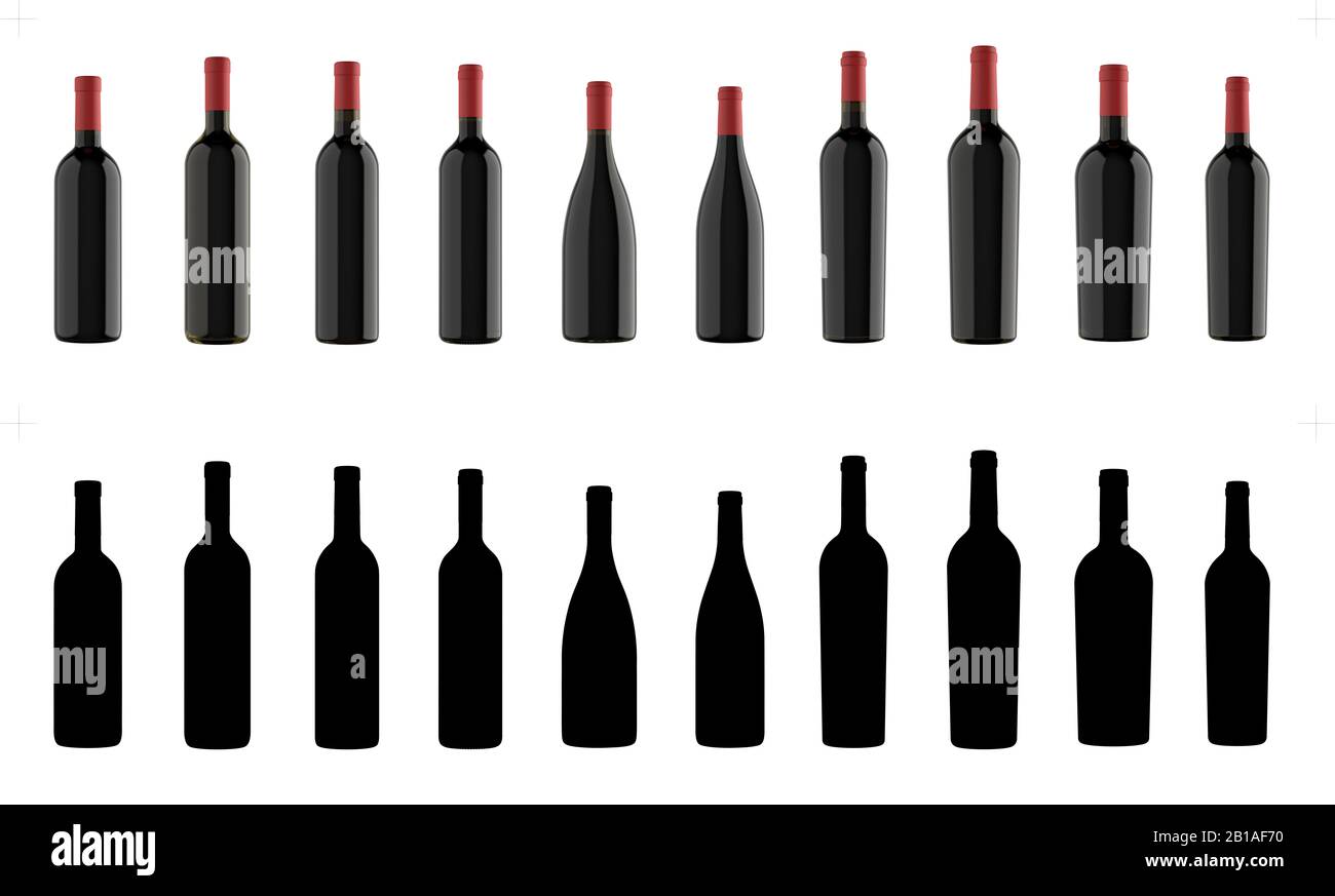 Types de bouteilles de vin isolées pour la réalisation de maquettes Packshot, y compris le masque Alpha Channel. rendu tridimensionnel. Banque D'Images