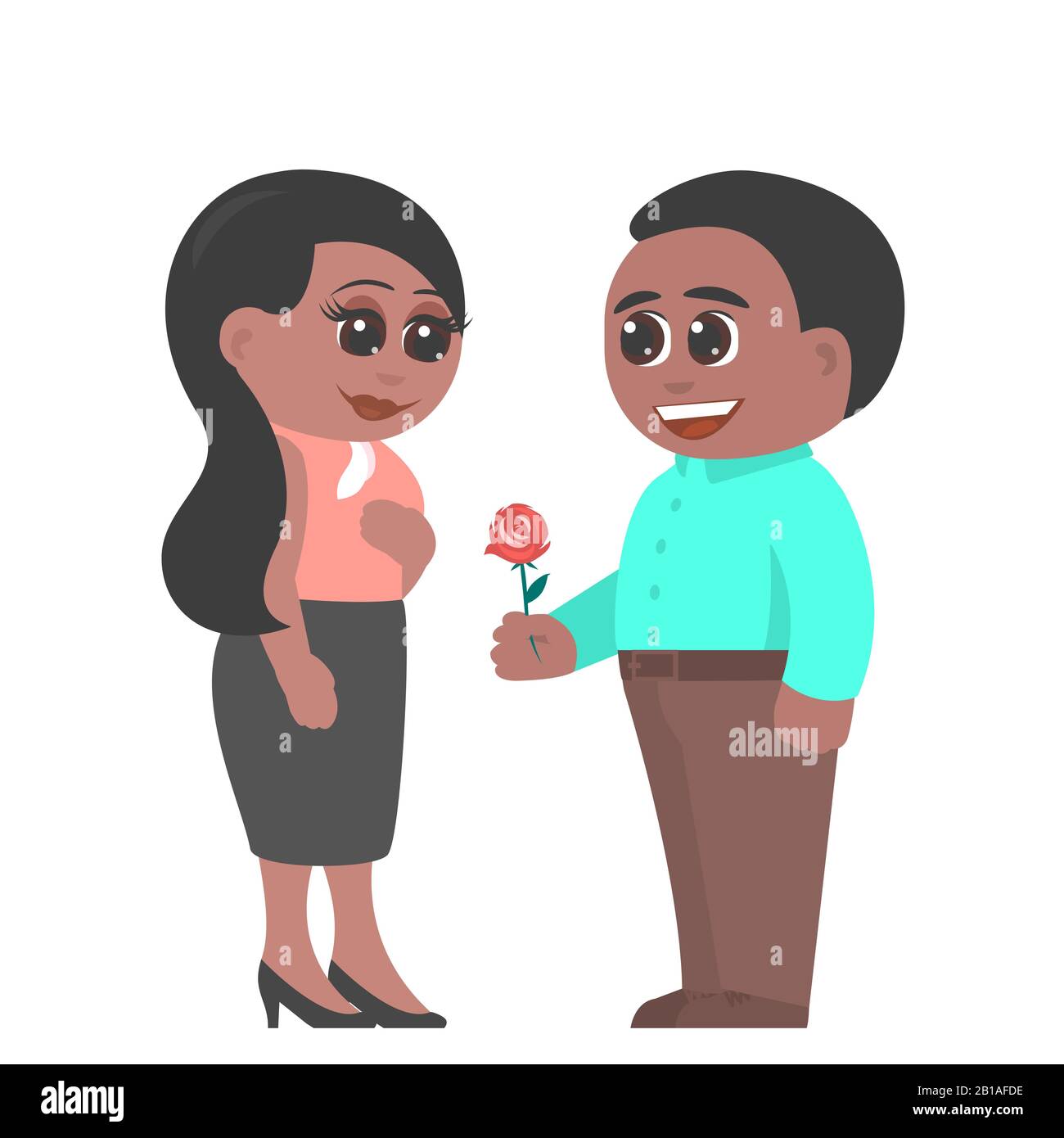 Heureux Couple Africain Américain. Un homme donne à une femme une fleur de rose rouge et déclare son amour. La fille est très déplacée. Illustration vectorielle plate dans le cartoo Illustration de Vecteur