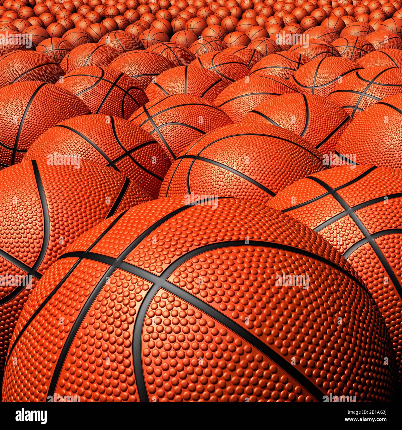 Ballon de basket-ball près du haut. Boules s'étendant à l'horizon. Propre et neuf Banque D'Images