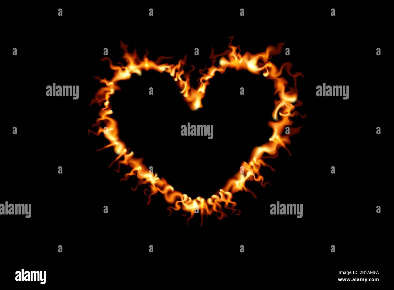 Forme du cœur dans le feu. Illustration vectorielle sur fond noir. Motif flamme Saint-Valentin. Illustration de Vecteur