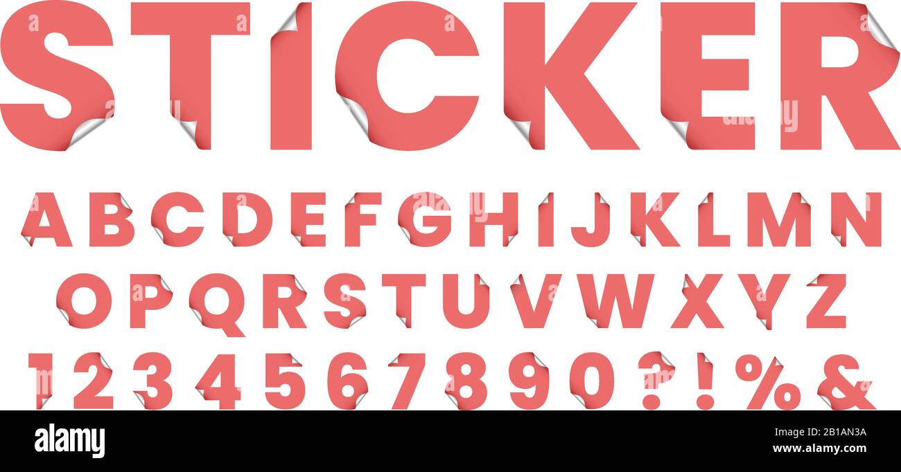 Police d'autocollant. Lettres alphabétiques en papier collant, autocollants stylisés pour bloc-notes lettres et jeux d'illustrations vectorielles de symboles d'étiquette en 3 dimensions Illustration de Vecteur