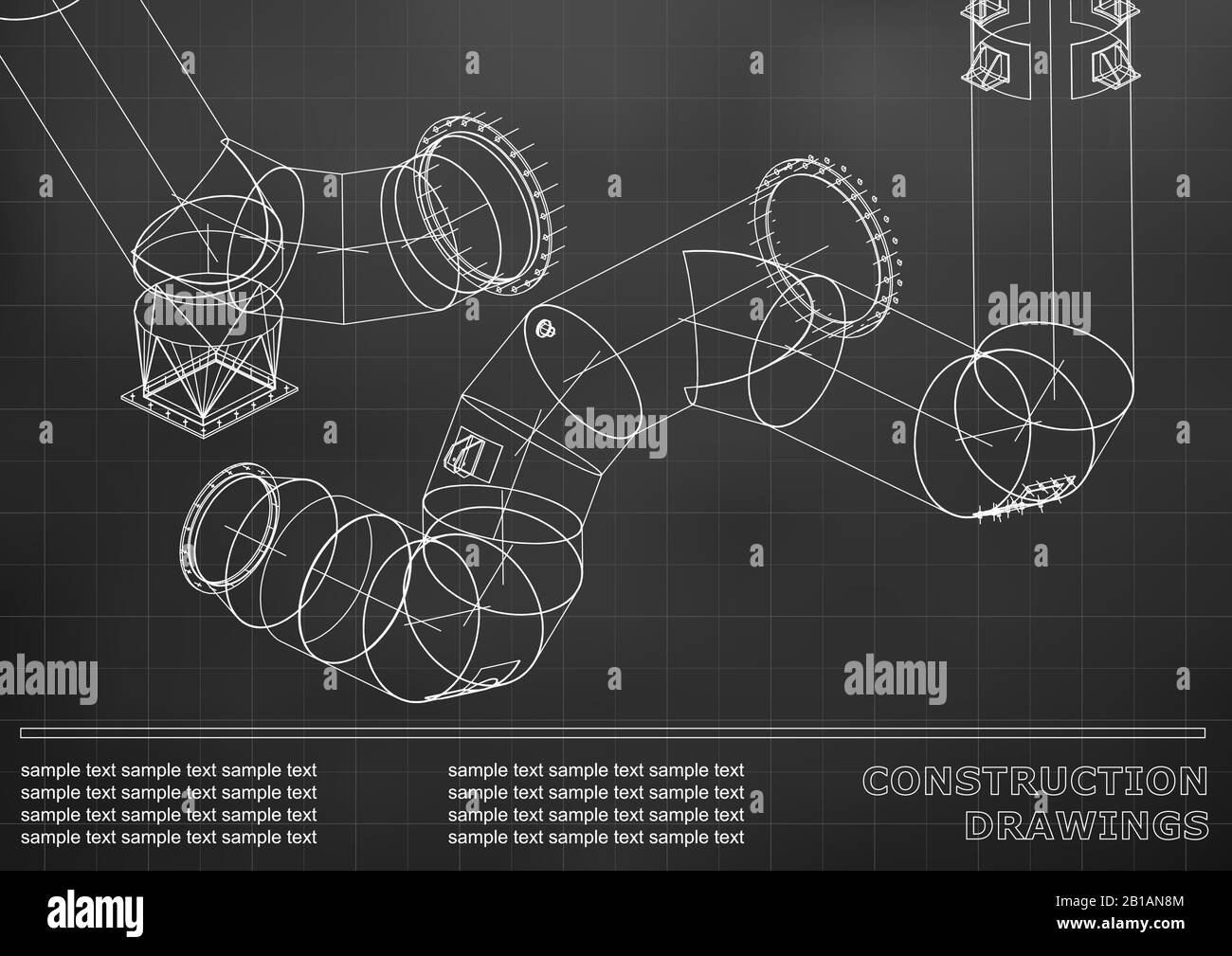 Dessins de structures en acier. Tuyaux et tuyaux. plan tridimensionnel des structures en acier. Couverture, arrière-plan pour votre conception. Fond noir. Grille Illustration de Vecteur