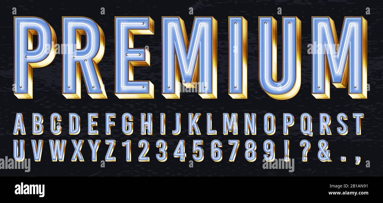 Police de la boîte lumineuse au néon. Lettres lumineuses de qualité supérieure, alphabet doré et lettres dorées d'élite avec jeu d'illustrations vectorielles en relief avec néons Illustration de Vecteur