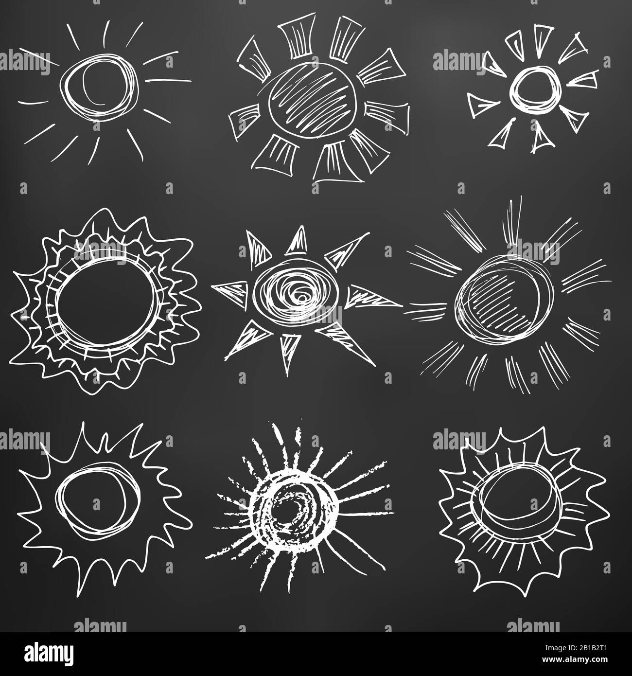 Sun. Dessins pour enfants. Éléments pour la conception de cartes postales, fonds, emballages. Impression de vêtements. Dessiner de la craie sur une planche noire Illustration de Vecteur