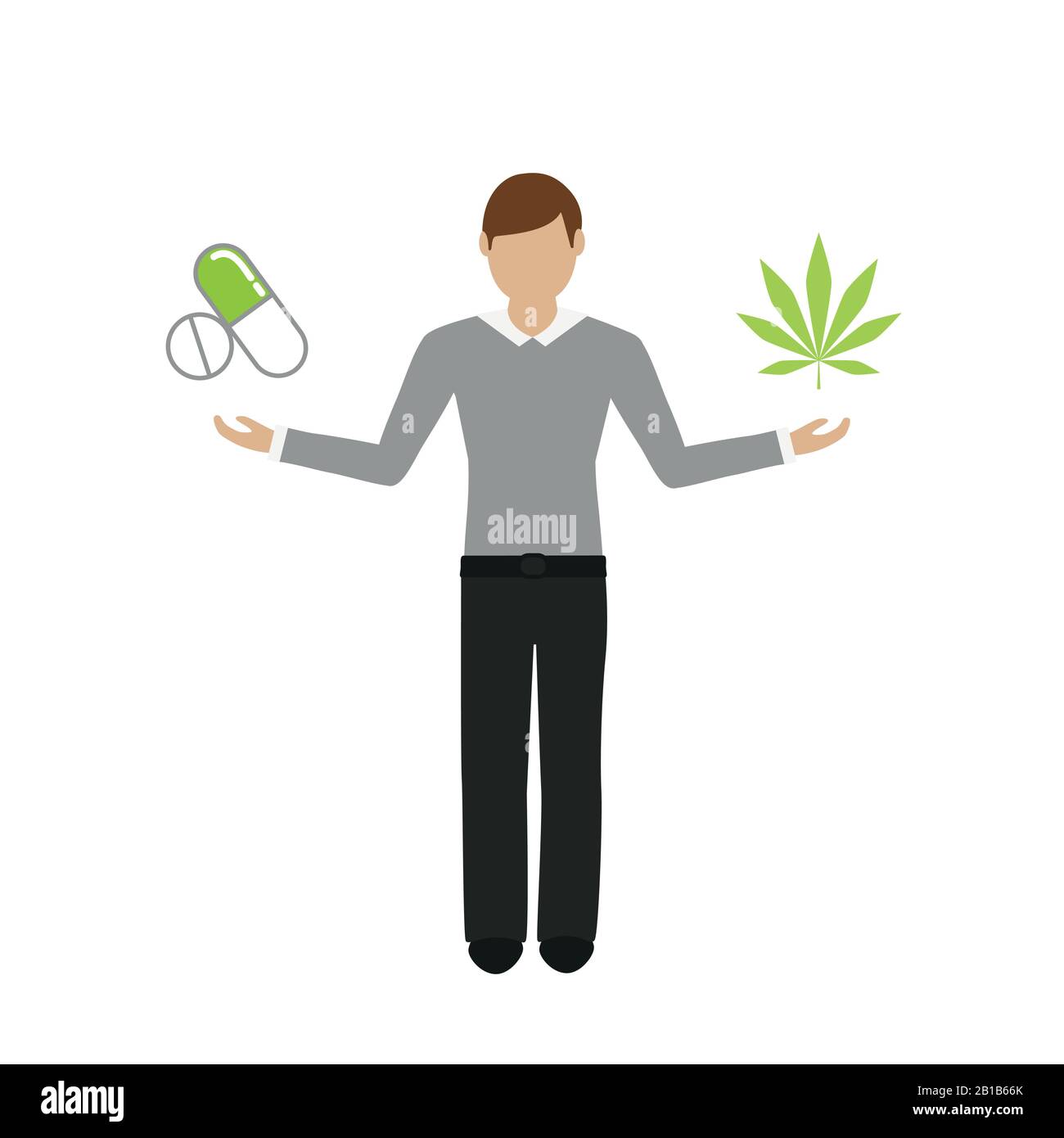 L'homme tient des comprimés dans une feuille de cannabis et dans l'autre main illustration vectorielle EPS10 Illustration de Vecteur