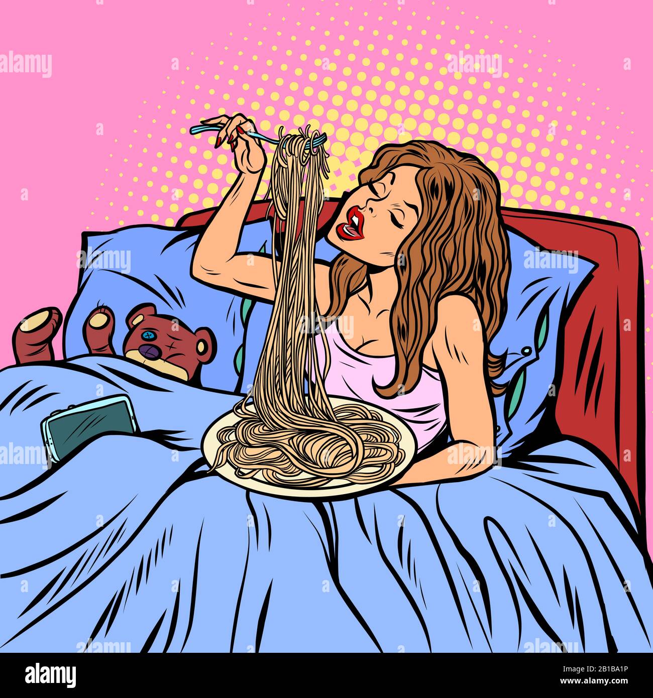 femme mangeant des spaghetti. Dîner au lit Illustration de Vecteur