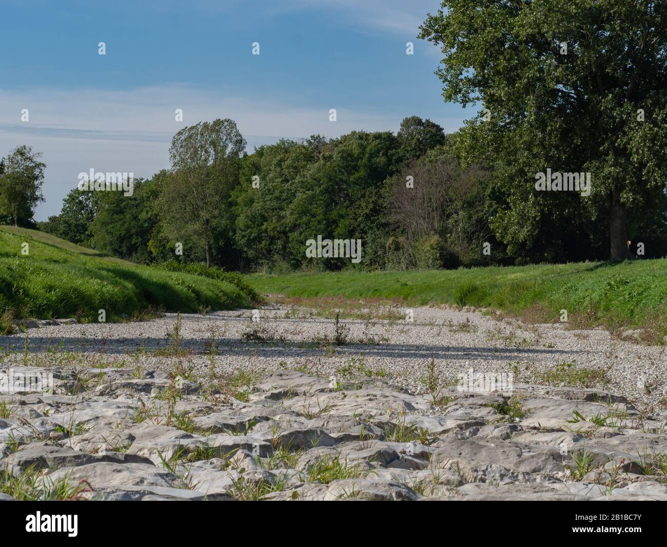 Lit de rivière sec avec sol pierreux au bord de la forêt Banque D'Images