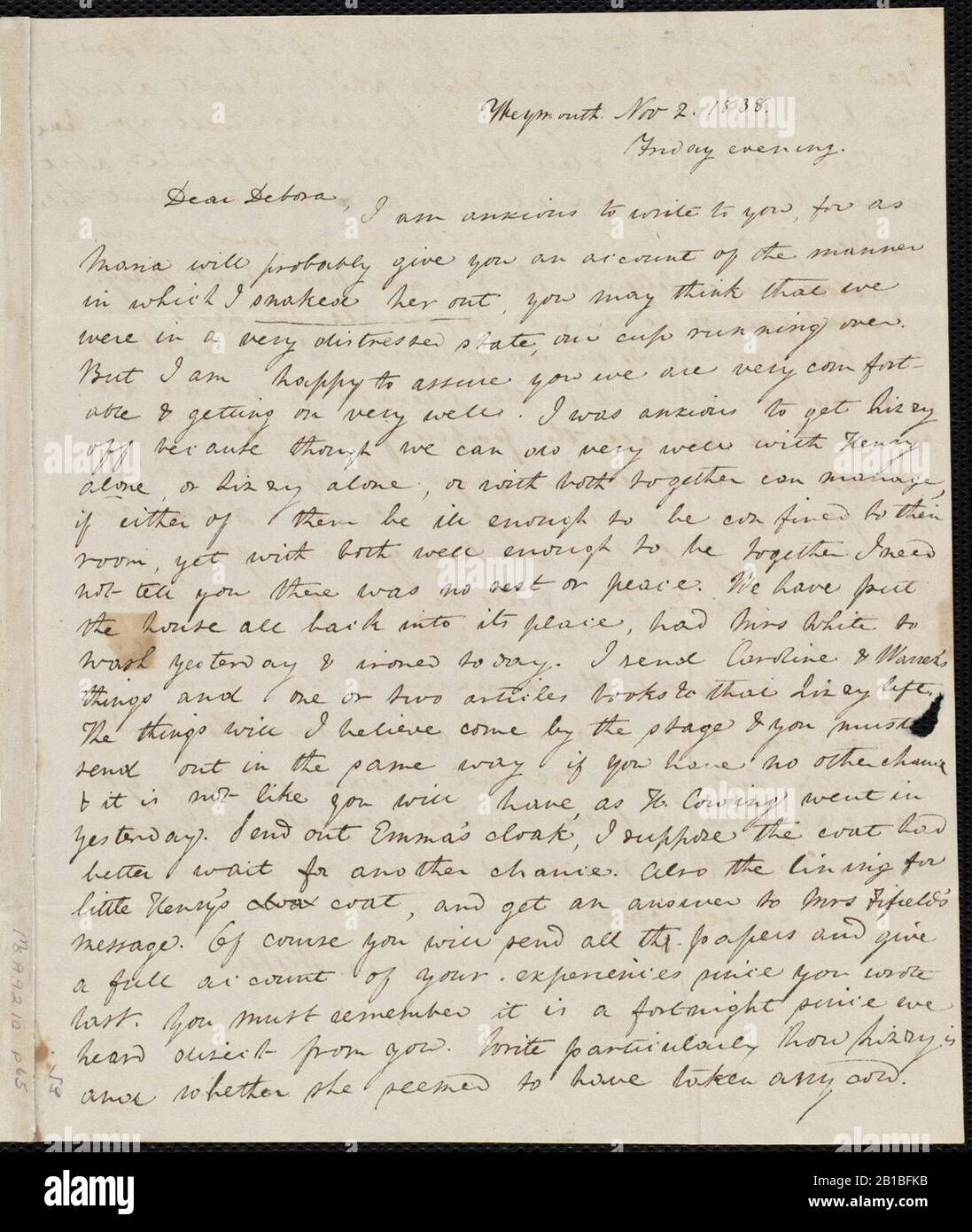 D'Anne Warren Weston À Deborah Weston; Vendredi 2 Novembre 1838 P. 1. Banque D'Images