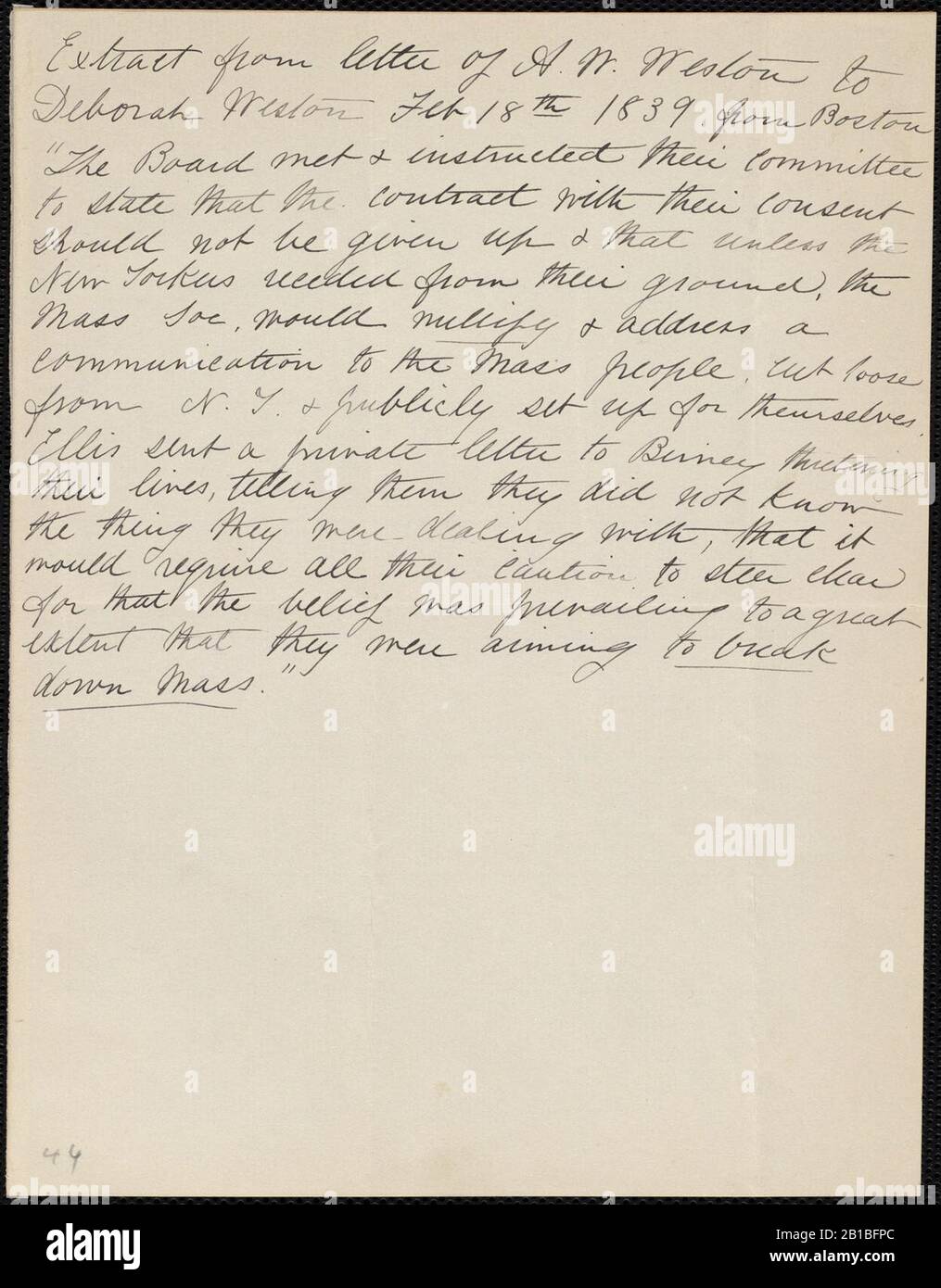 D'Anne Warren Weston À Deborah Weston; Lundi 18 Février 1839 P. 1. Banque D'Images