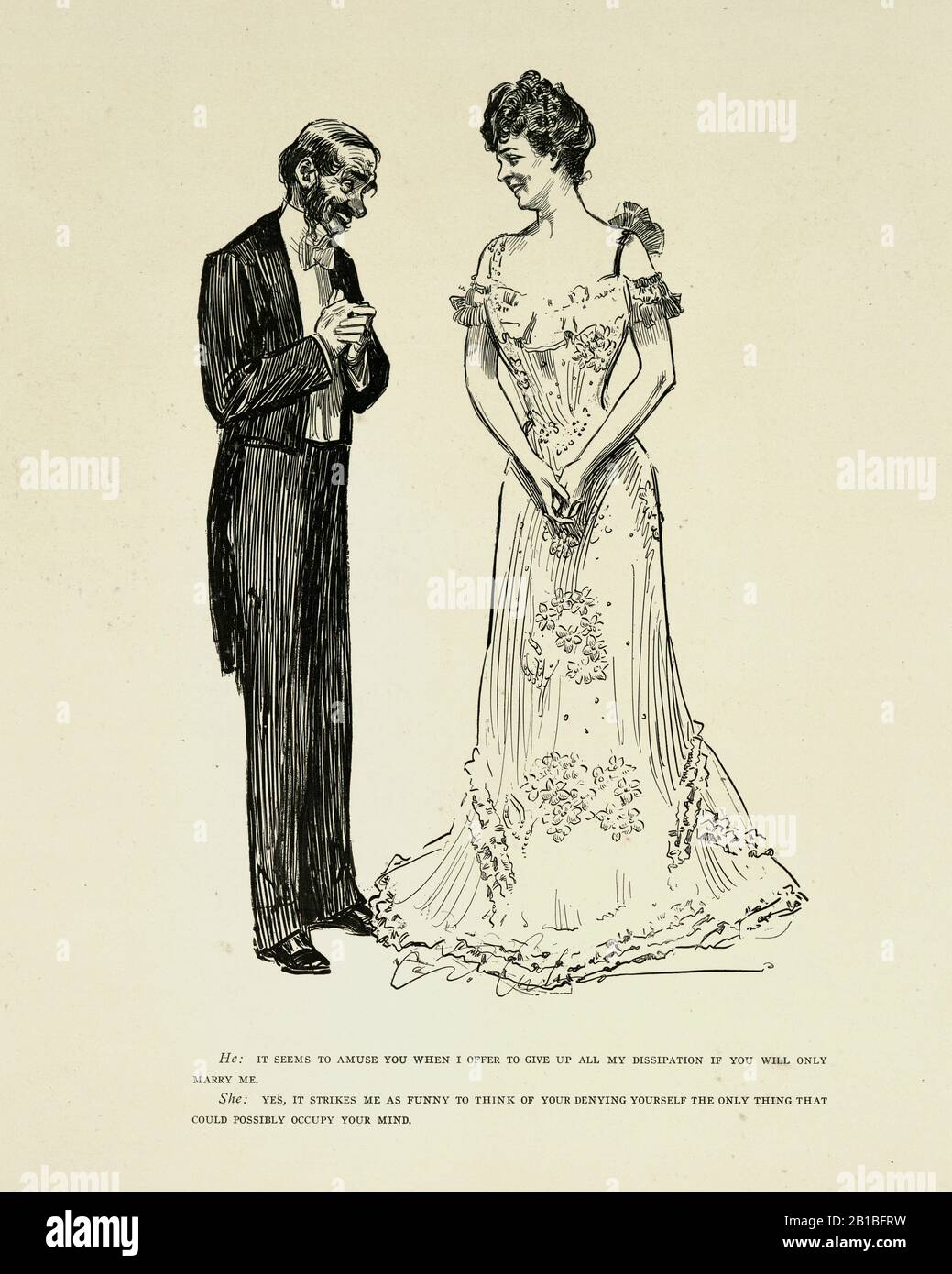 Femme de beauté riant et rejetant un homme laid. Une Veuve Et Ses Amis, Charles Dana Gibson. Il: Il semble vous amuser quand je vous propose de renoncer à toute ma dissipation si vous ne me marierez que. Elle: Oui, il me frappe comme drôle de penser à votre vous niant la seule chose qui pourrait éventuellement occuper votre esprit. Banque D'Images