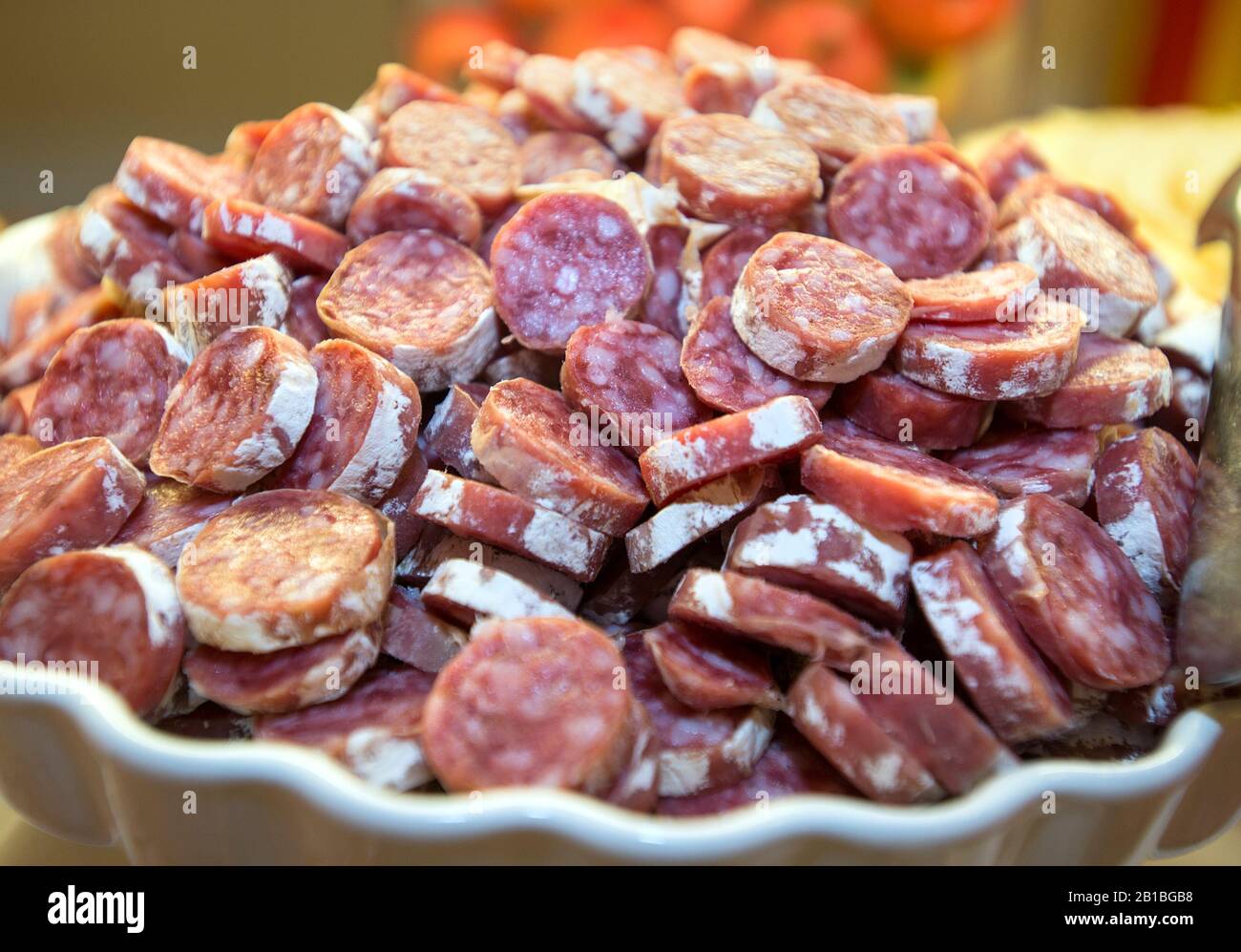 Tranches de saucisses de porc chorizo, Espagne Banque D'Images