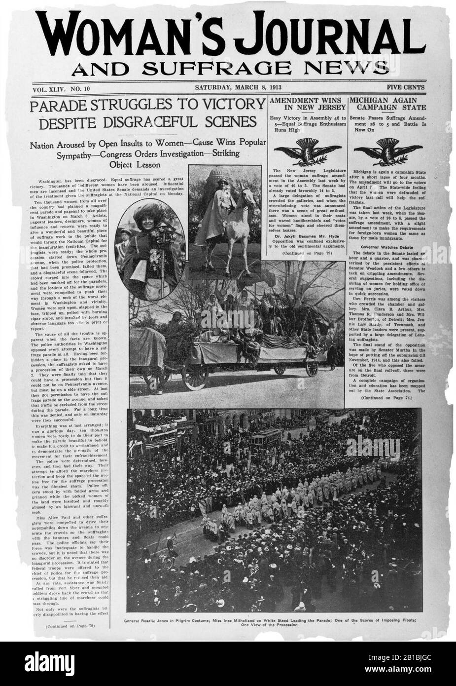 Première page de la «revue de la femme et nouvelles du suffrage» avec le titre «Parade lutte à la victoire malgré des scènes honteuses» montrant des images de la parade du suffrage des femmes à Washington, Banque D'Images