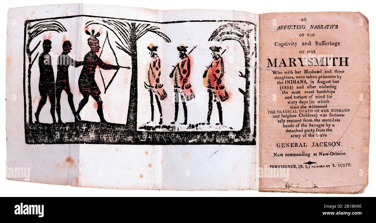 Frontispiece et page de titre de «Une narration influente de la captivité et des souffrances de Mme Mary Smith» montrant trois hommes autochtones, un avec arc et flèche, face à trois hommes euro-américains, Banque D'Images