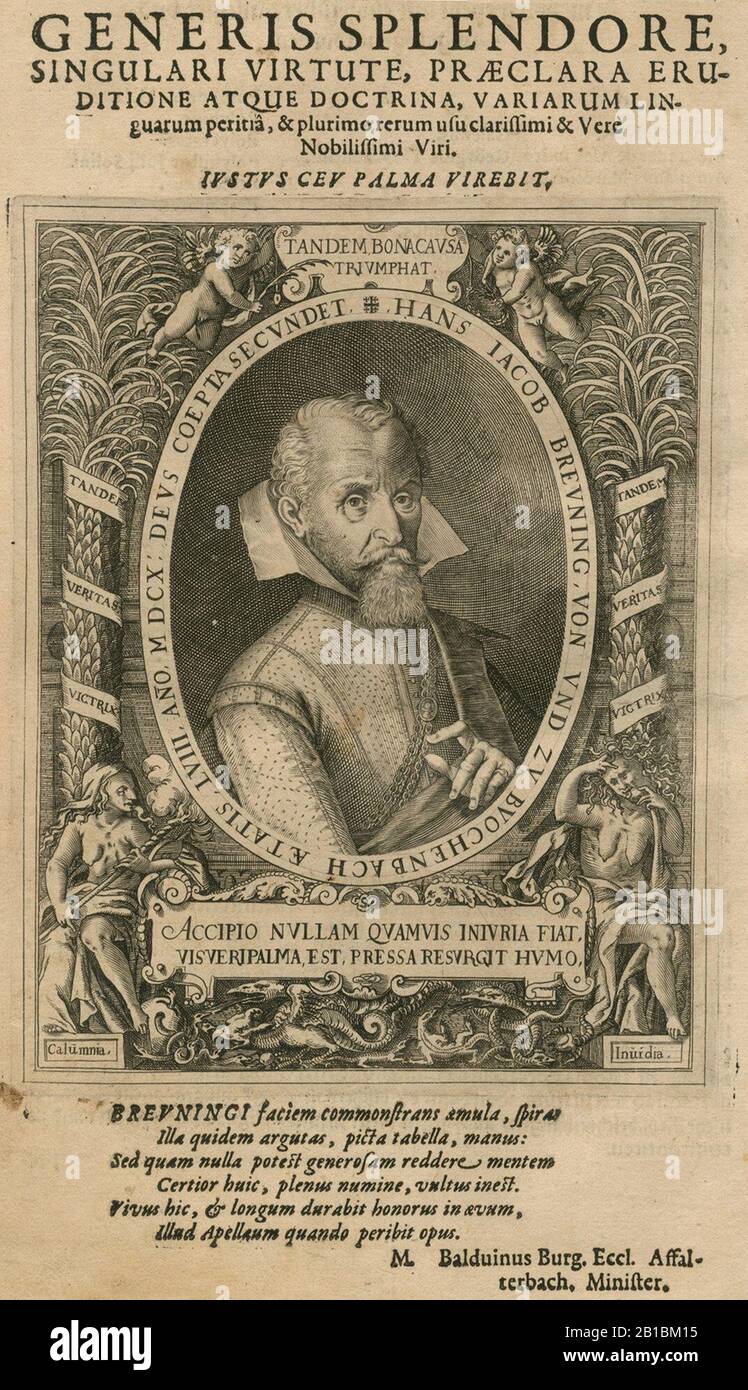 Frontispiece Portrait de l'auteur, Hans Jacob Breuning, à l'âge de cinquante-huit ans, entouré de figures allégoriques - tr - Breuning Von Buchenbach Hans Jacob - 1612. Banque D'Images