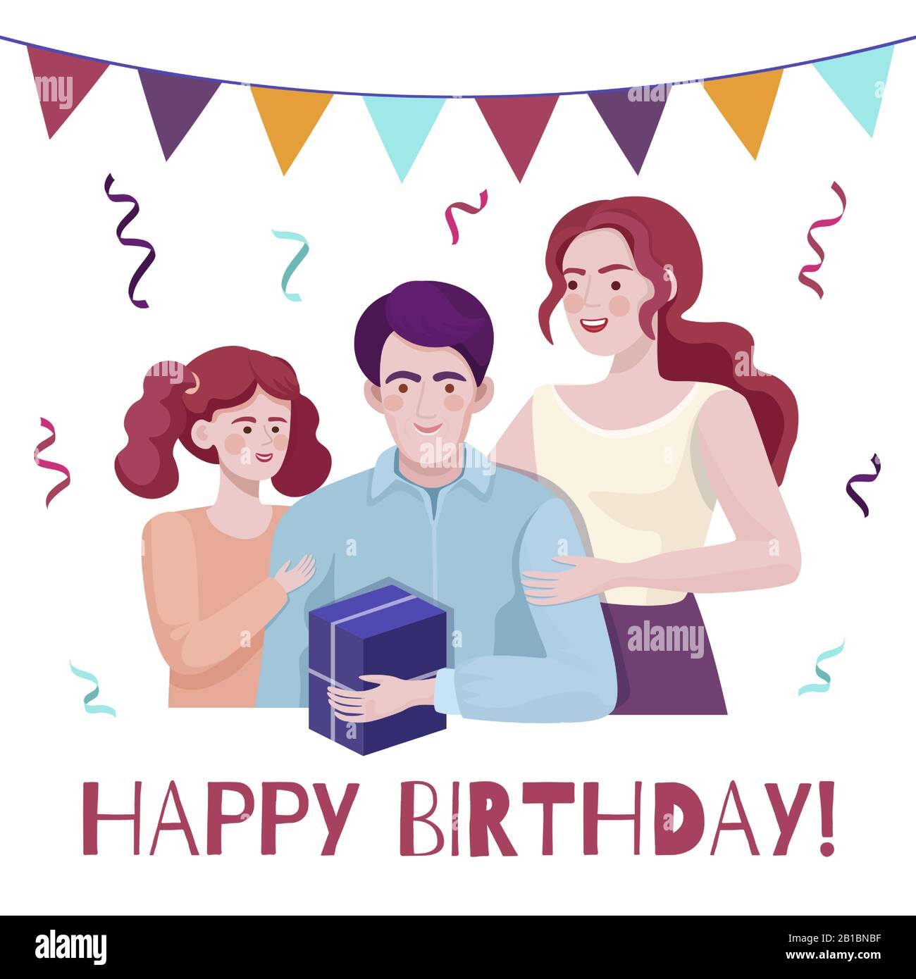 Joyeux Anniversaire Carte Vectorielle Avec Espace Texte Mere Souriante Et Fille Donnant Un Cadeau Au Pere Illustration Vectorielle Famille Temps Ensemble La Famille Felicite Papa Modele De Banniere Plate Image Vectorielle Stock