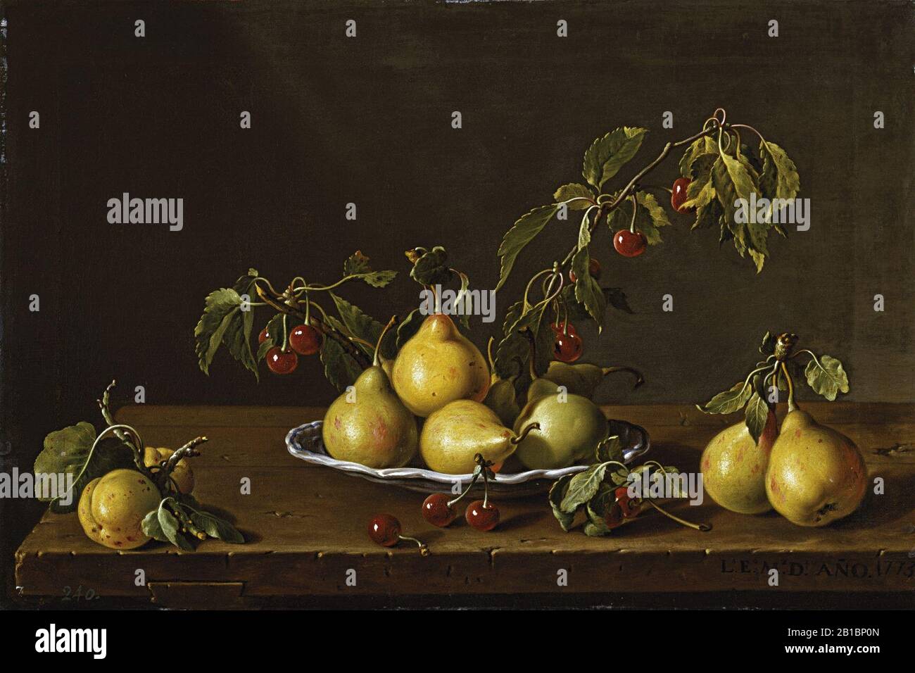Frutero con peras y guindas-meléndez. Banque D'Images