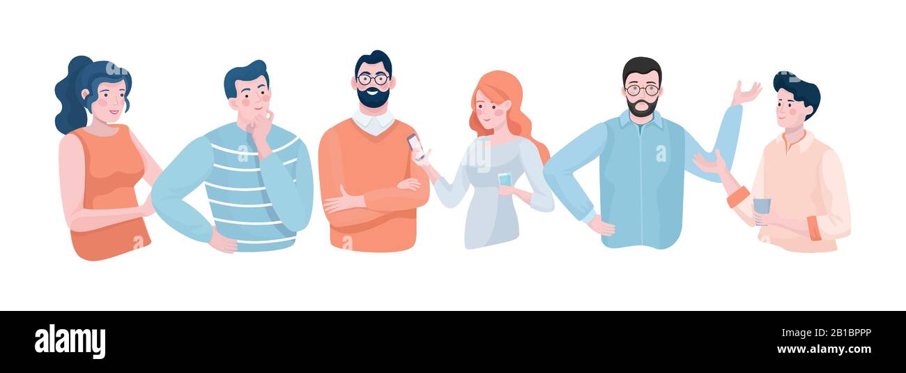 Groupe de jeunes prenant la pause café, discuter dans les smartphones et avoir une illustration plate vectorielle de discussion. Collègues, employés de bureau, amis, boire du café. Concept de travail d'équipe. Illustration de Vecteur