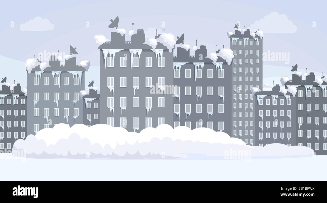 Illustration plate vectorielle urbaine enneigée. Paysage urbain d'hiver, rues de la ville, gratte-ciel et immeubles de grande hauteur couverts de glace et de neige. Concept de saison froide. Illustration de Vecteur