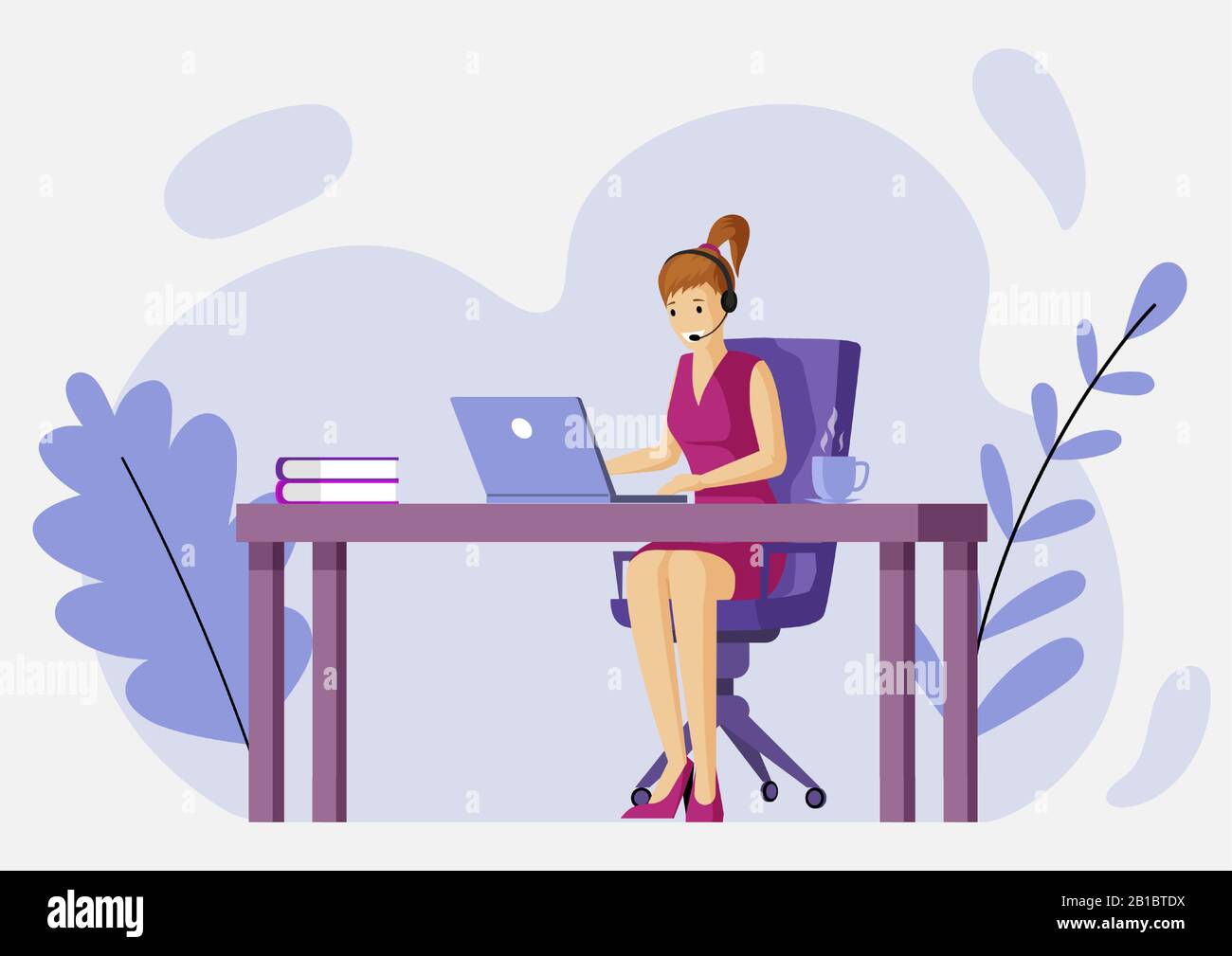 Femme dans des vêtements décontractés assis à la table devant l'ordinateur portable avec écouteur et microphone vectoriel illustration plate. Travail au bureau, freelance, bureau virtuel ou sous-traitance personnage de dessin animé. Illustration de Vecteur