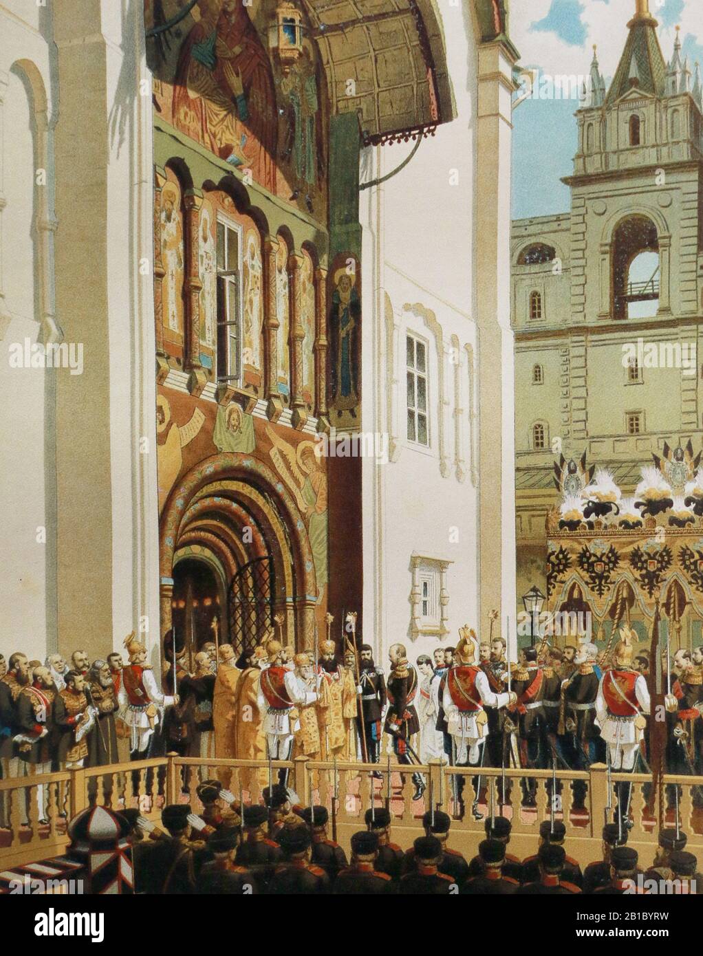 L'empereur russe Alexandre III Alexandrovitch et l'impératrice Maria Fedorovna à l'entrée de la cathédrale de l'Assomption du Kremlin de Moscou, se rendant au couronnement le 15 mai 1883. Peinture de V. Polenov, XIXe siècle. Banque D'Images