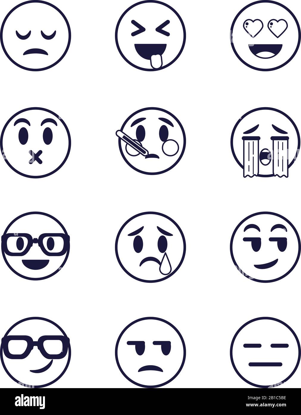 Emojis visages plate style icône ensemble design, l'expression de dessin de dessin animé émoticône personnage profil visage jouet adorable et social thème illustration vectorielle Illustration de Vecteur