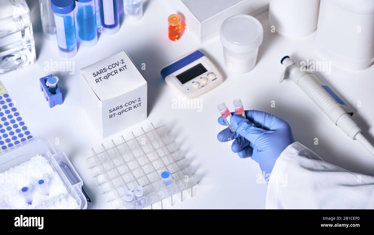 Nouveau kit de diagnostic RT-PCR coronavirus 2019 nCoV. Réactifs, amorces et échantillons de contrôle pour détecter la présence du virus du SRAS-COV-2. Diagnostic in vitro Banque D'Images