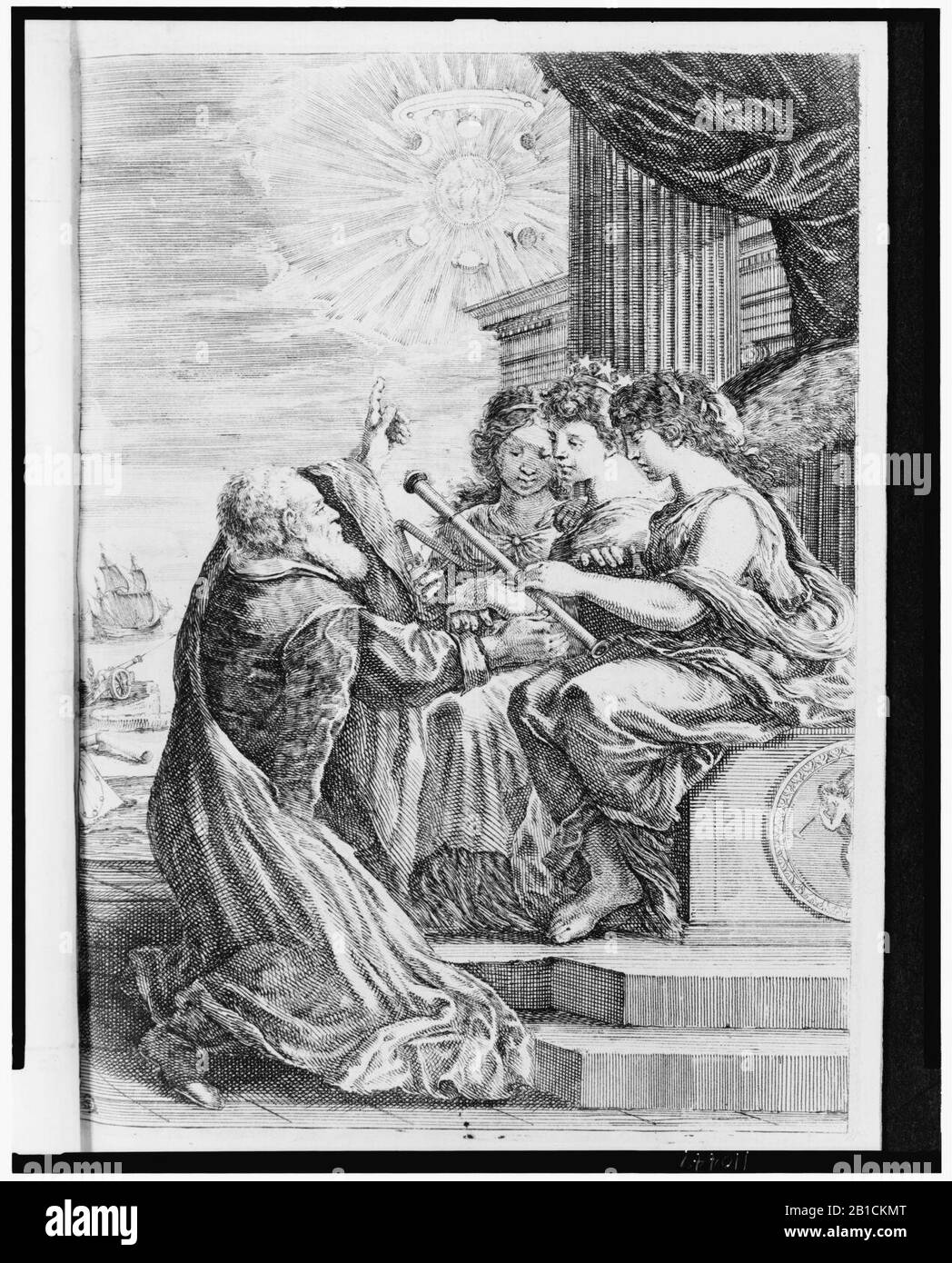 Galileo offrant son télescope à trois femmes (éventuellement Urania et préposés) assis sur un trône; il pointe vers le ciel où sont représentées certaines de ses découvertes astronomiques Banque D'Images