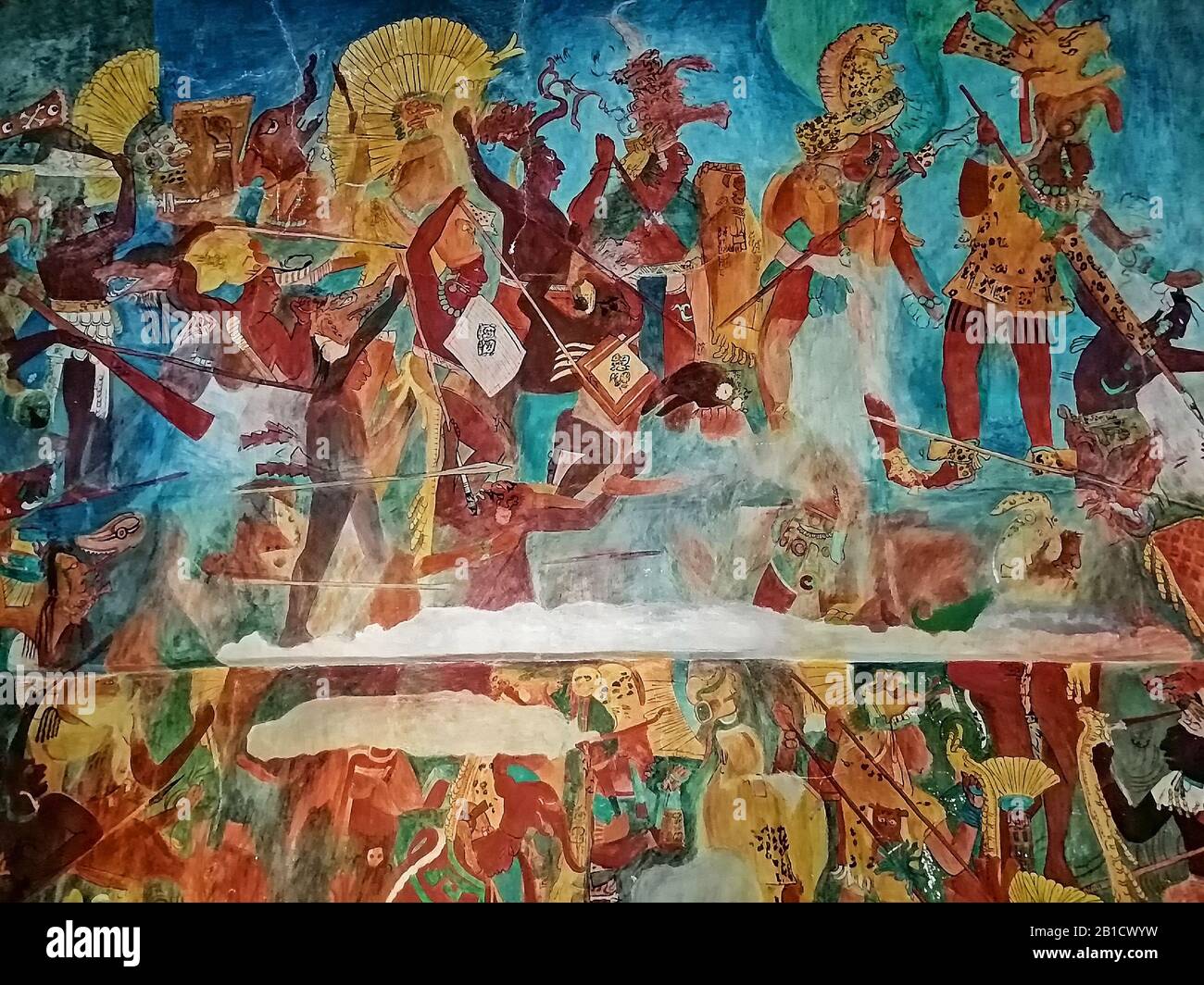 Peinture murale maya dans la pièce 1 du temple des peintures murales dans la ville maya ruine de Bonampak, Chiapas, Mexique. Banque D'Images