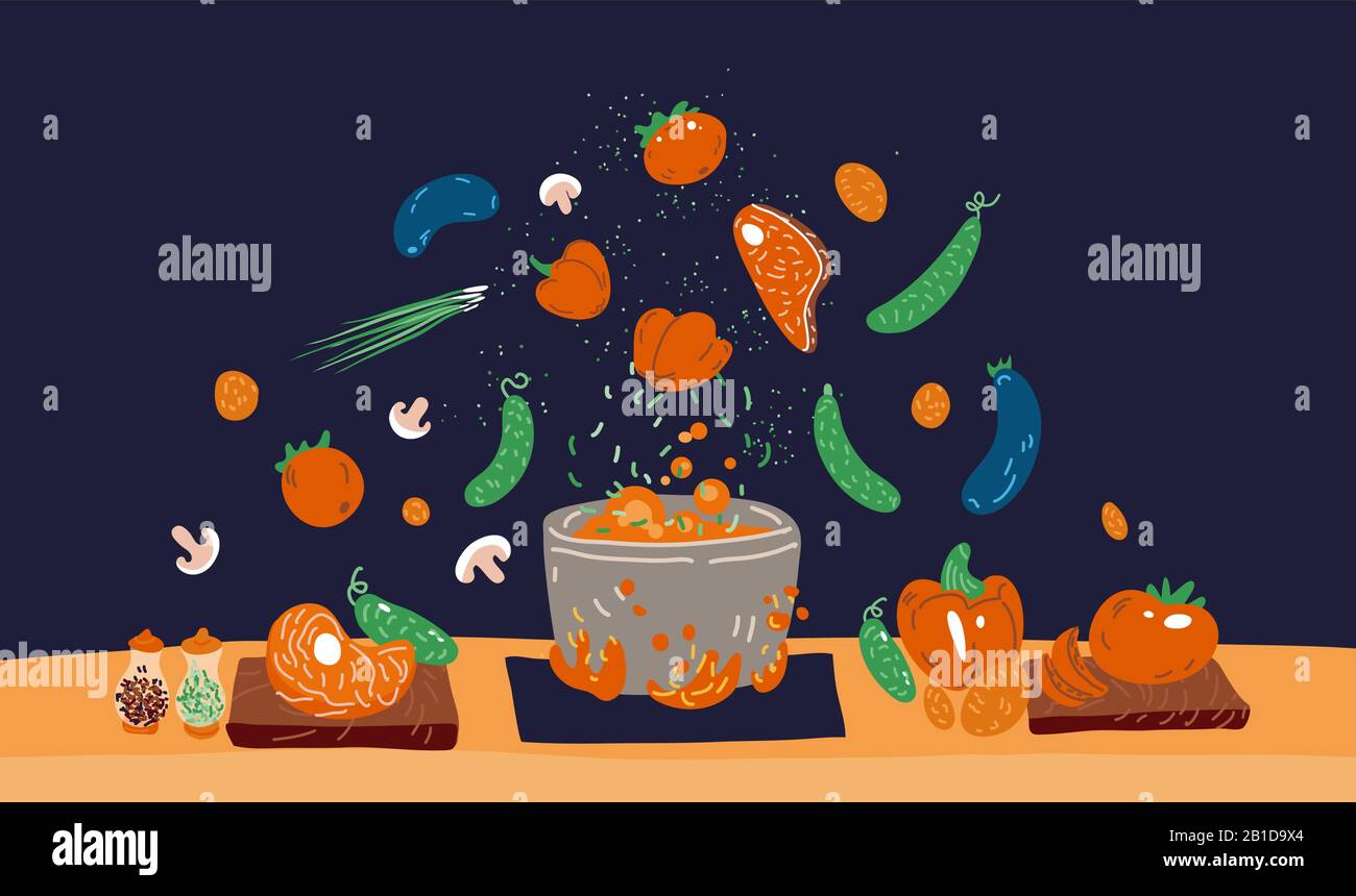 Créer un concept vectoriel de soupe. Pot avec bulbing délicieux nourriture sur un feu et tous les ingrédients autour de lui - légumes, viande, assaisonnements et Aromatisants Illustration de Vecteur